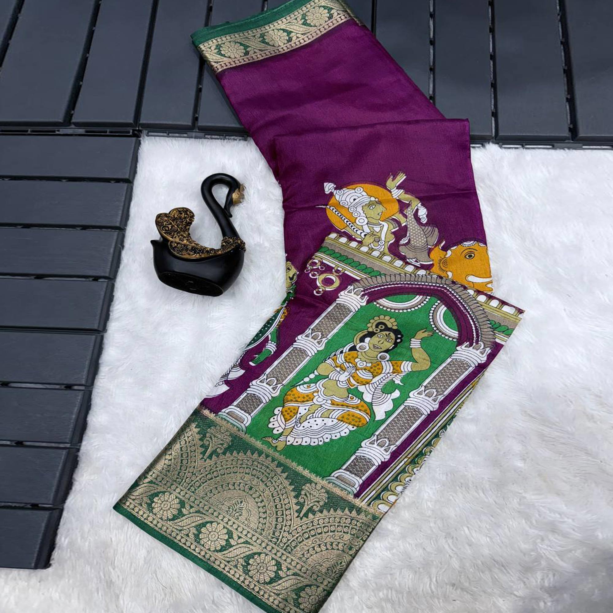 Purple Mangalagiri Patterned Dola Silk Saree Accentuated with Gleaming Zari Borders