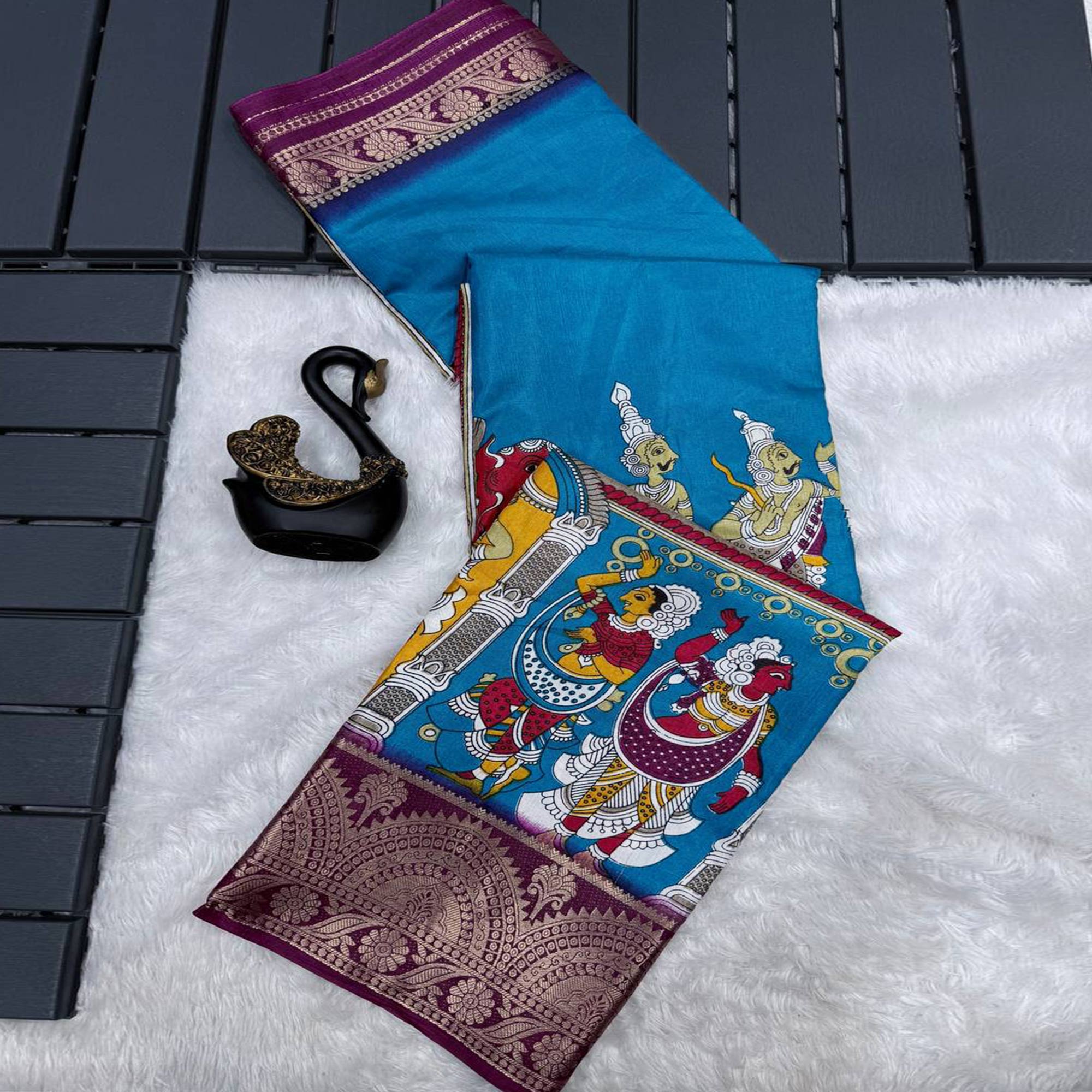 Teal Mangalagiri Patterned Dola Silk Saree Accentuated with Gleaming Zari Borders