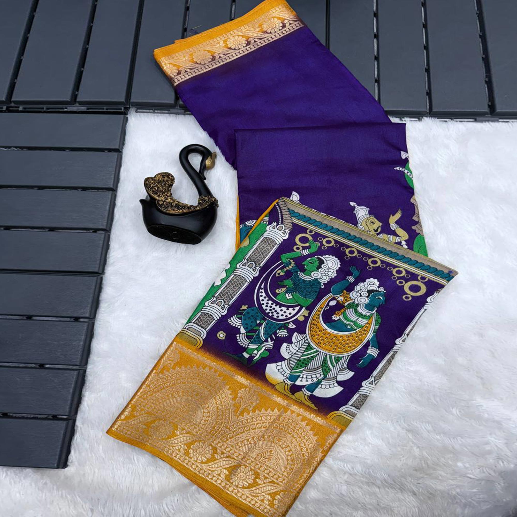 Violet Mangalagiri Patterned Dola Silk Saree Accentuated with Gleaming Zari Borders