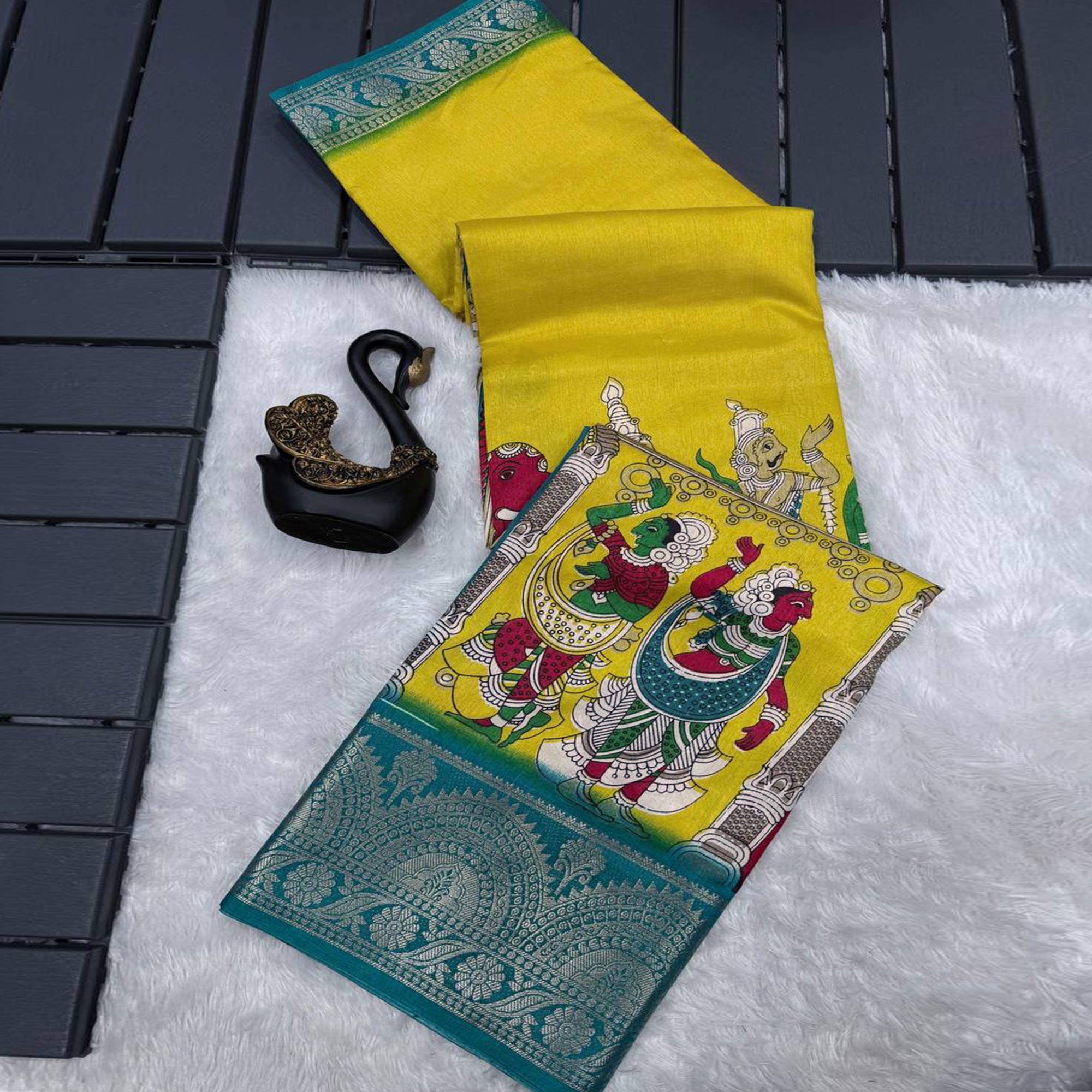 Yellow Mangalagiri Patterned Dola Silk Saree Accentuated with Gleaming Zari Borders