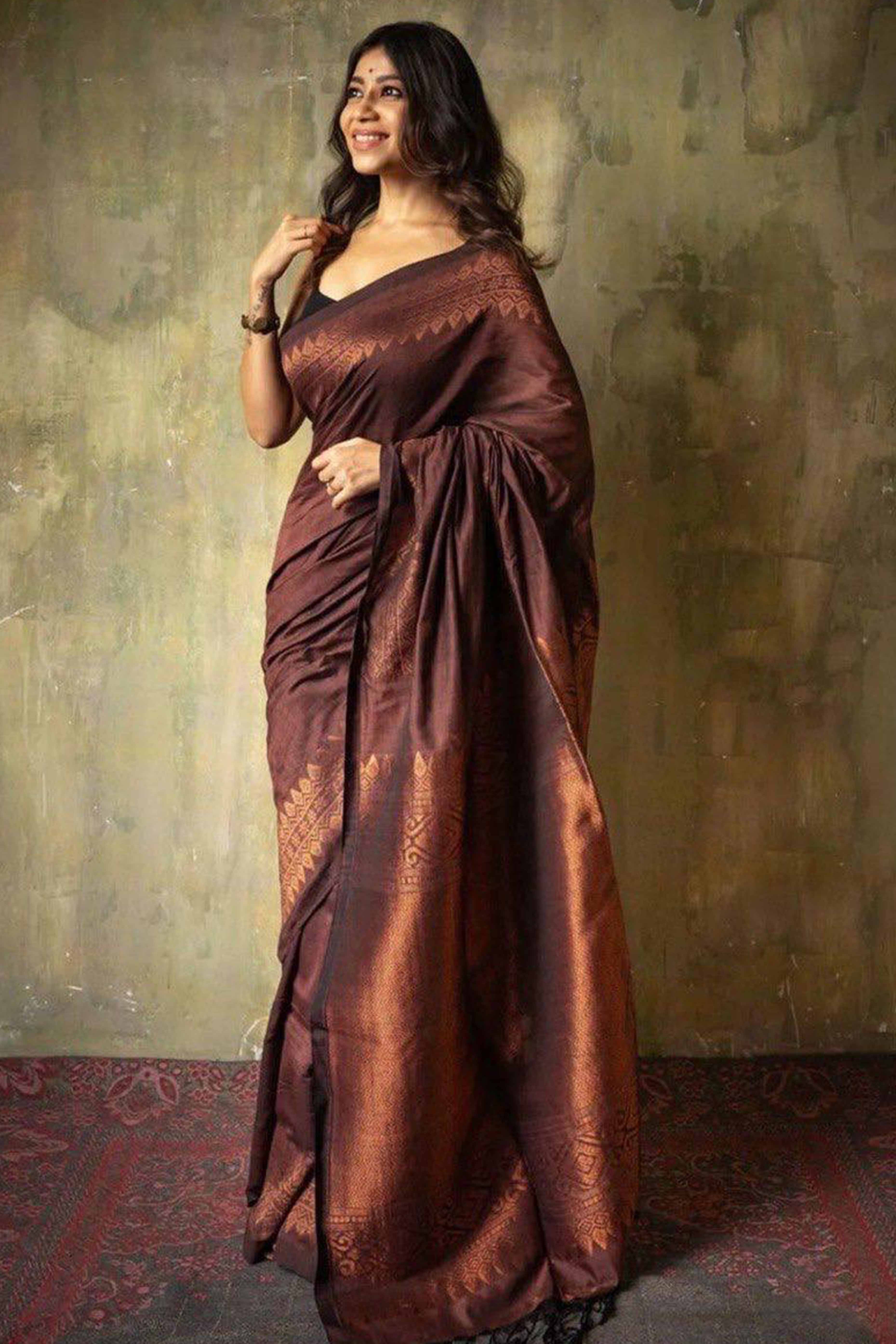 Brown Floral Woven Lichi Banarasi Silk Saree