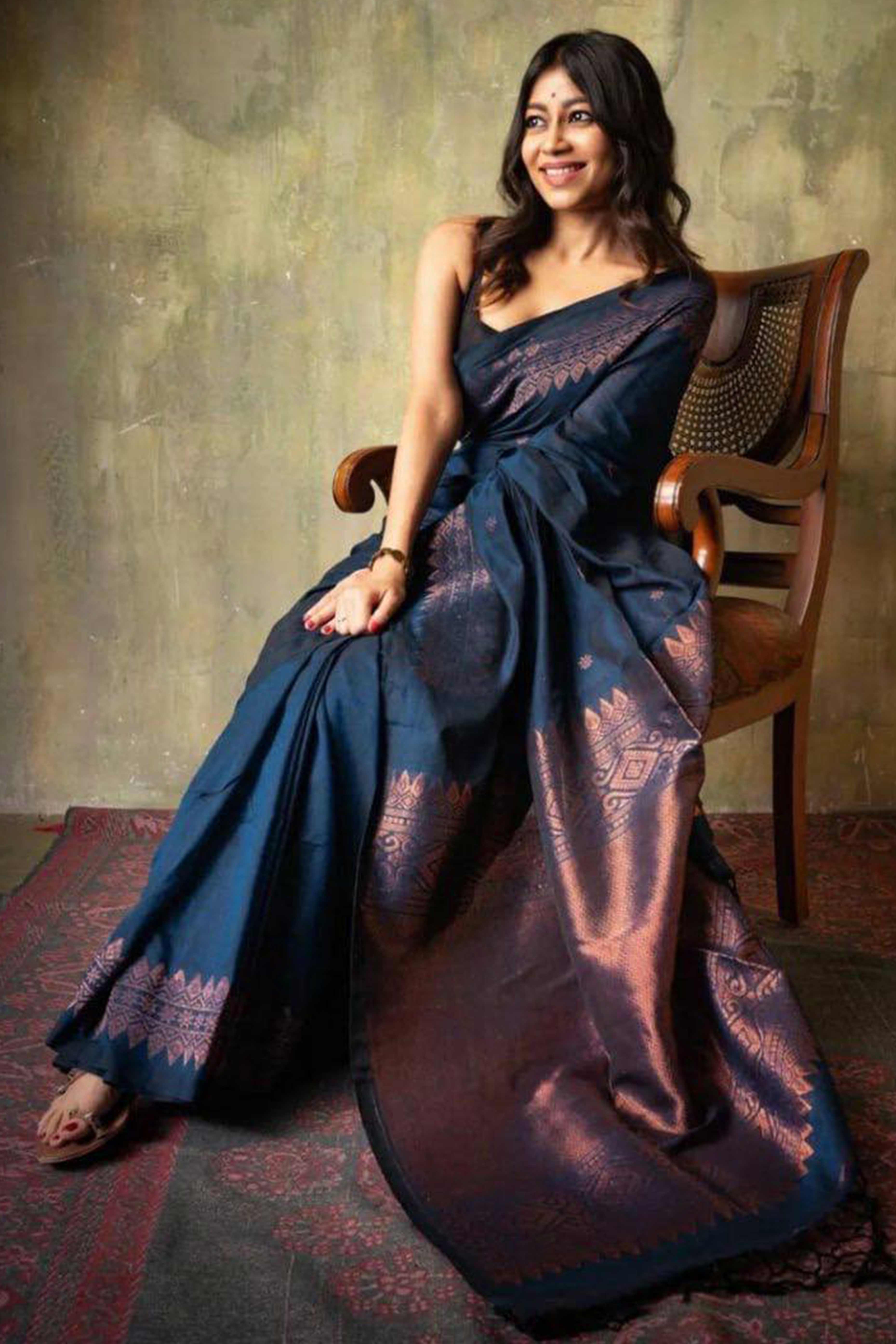 Navy Blue Floral Woven Lichi Banarasi Silk Saree