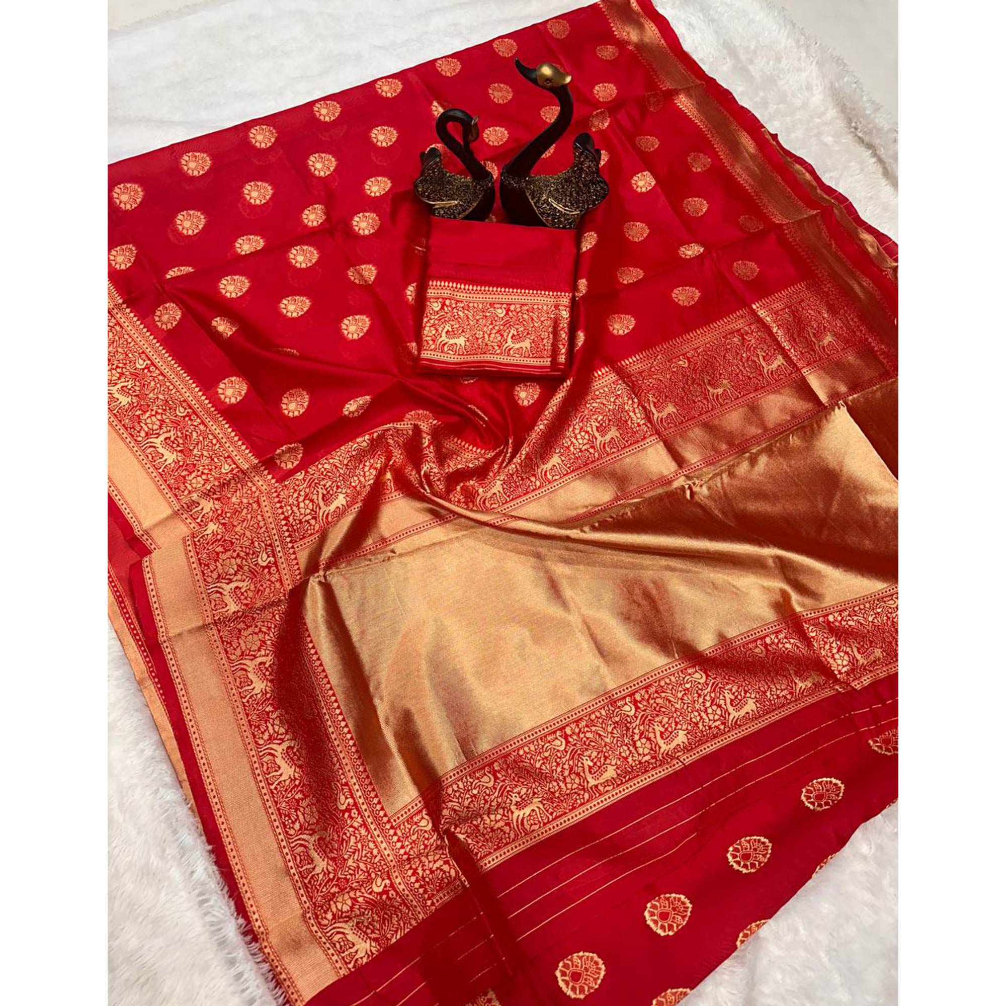 Radiant Red Banarasi Silk Saree With Intricate Zari Butti Weaving