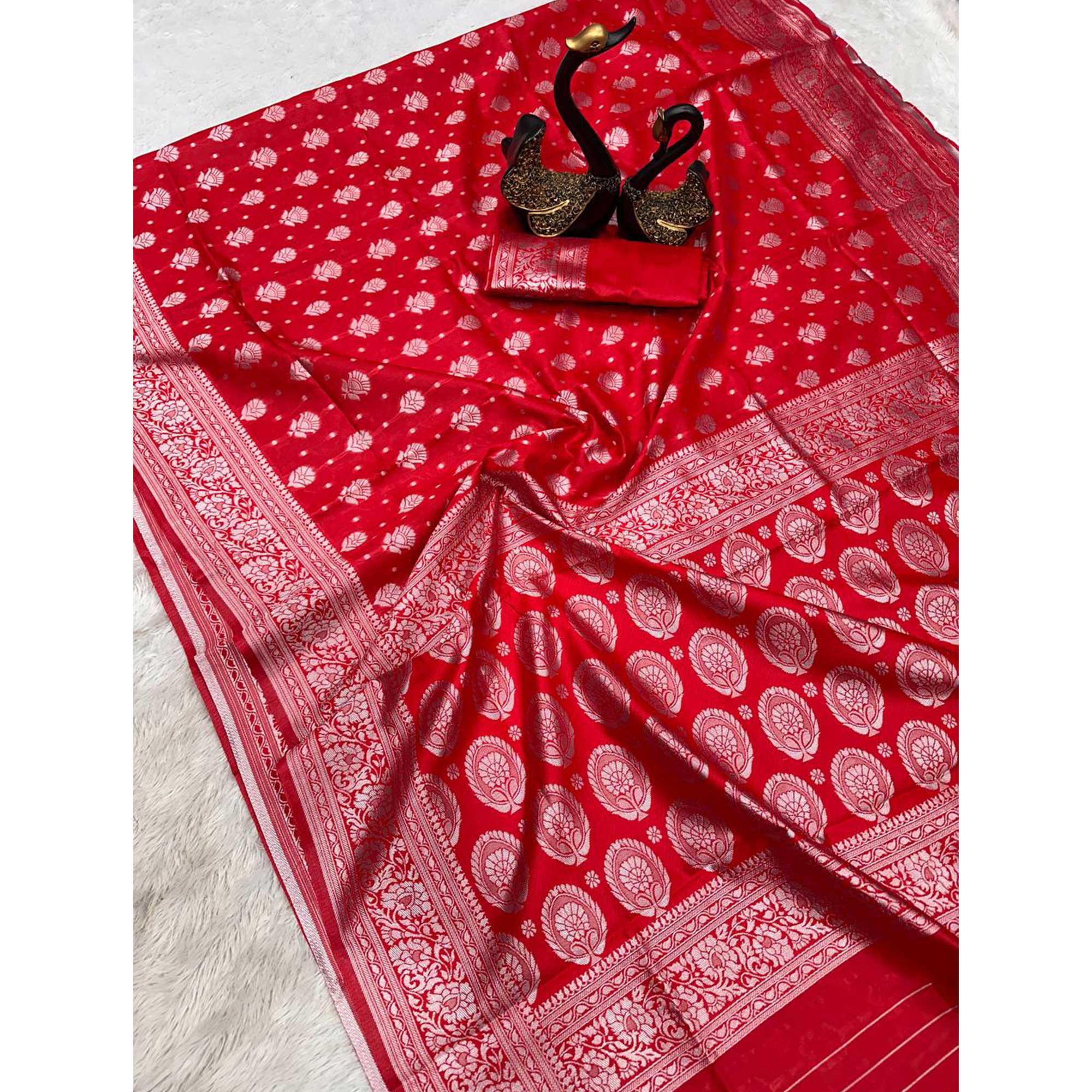 Red Floral Woven Lichi Banarasi Silk Saree
