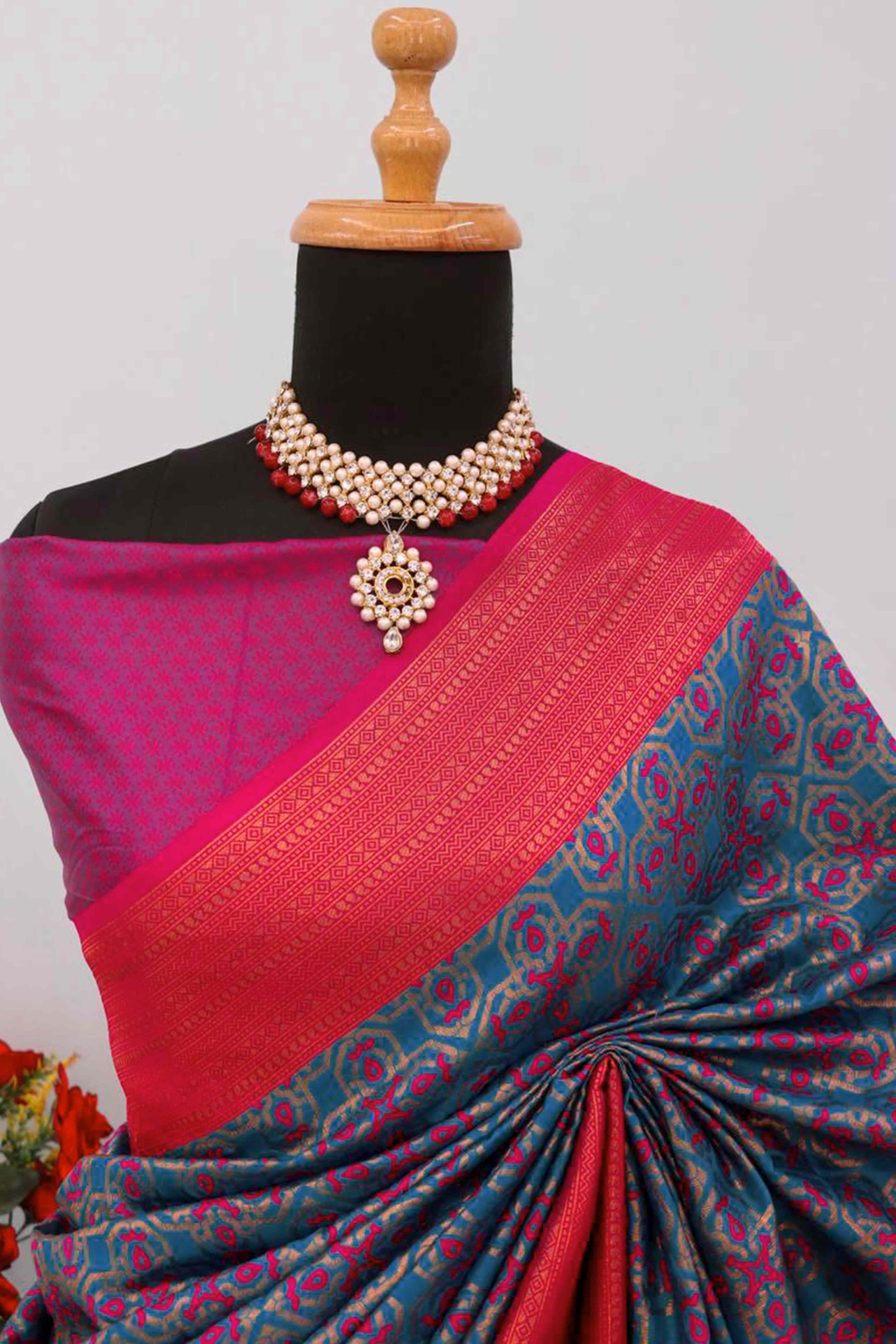 Morpich Blue Zari Woven With Butti Work Banarasi Silk Saree