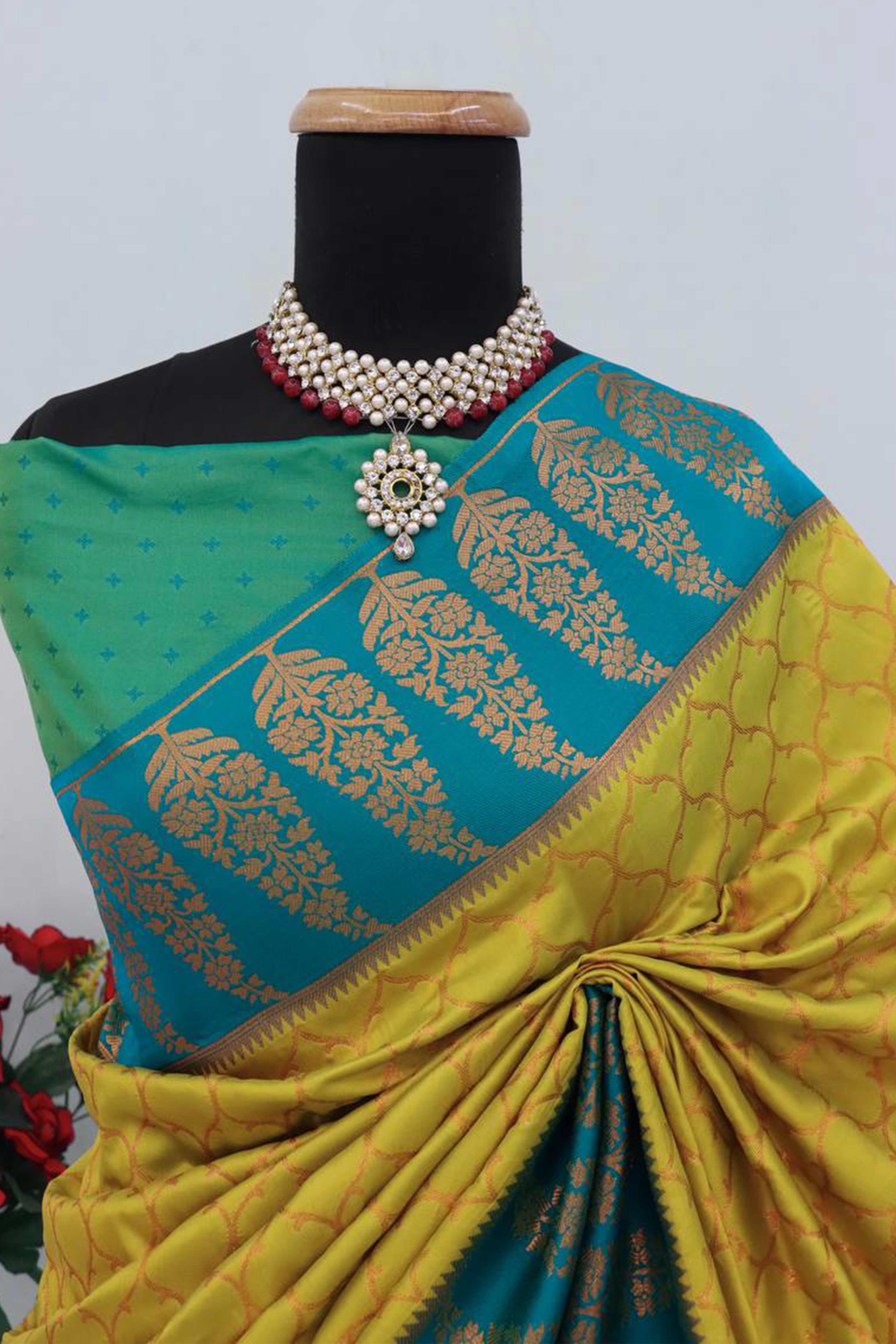 Mustard Floral Woven Kanjivaram Silk Saree