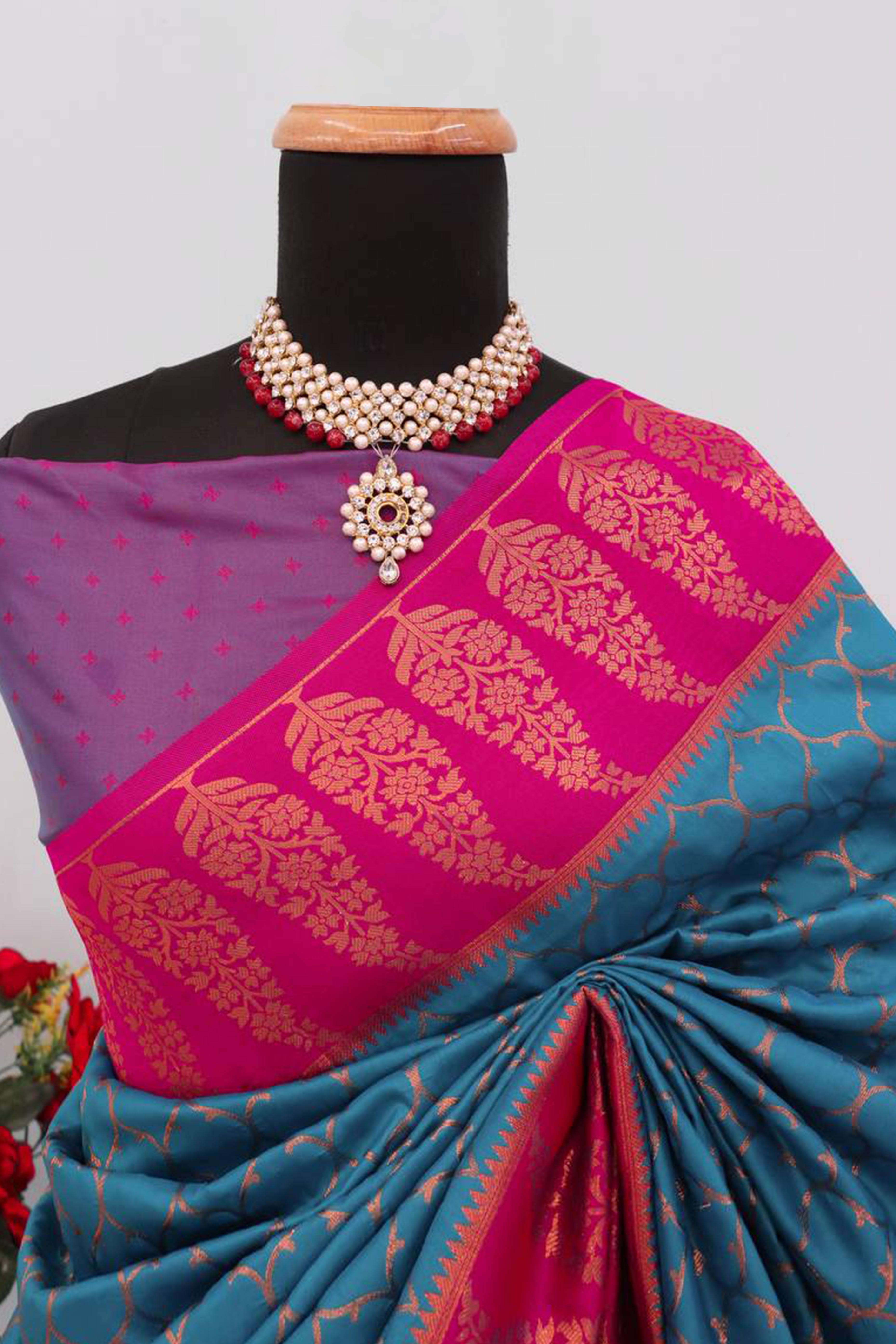 Rama Blue Floral Woven Kanjivaram Silk Saree