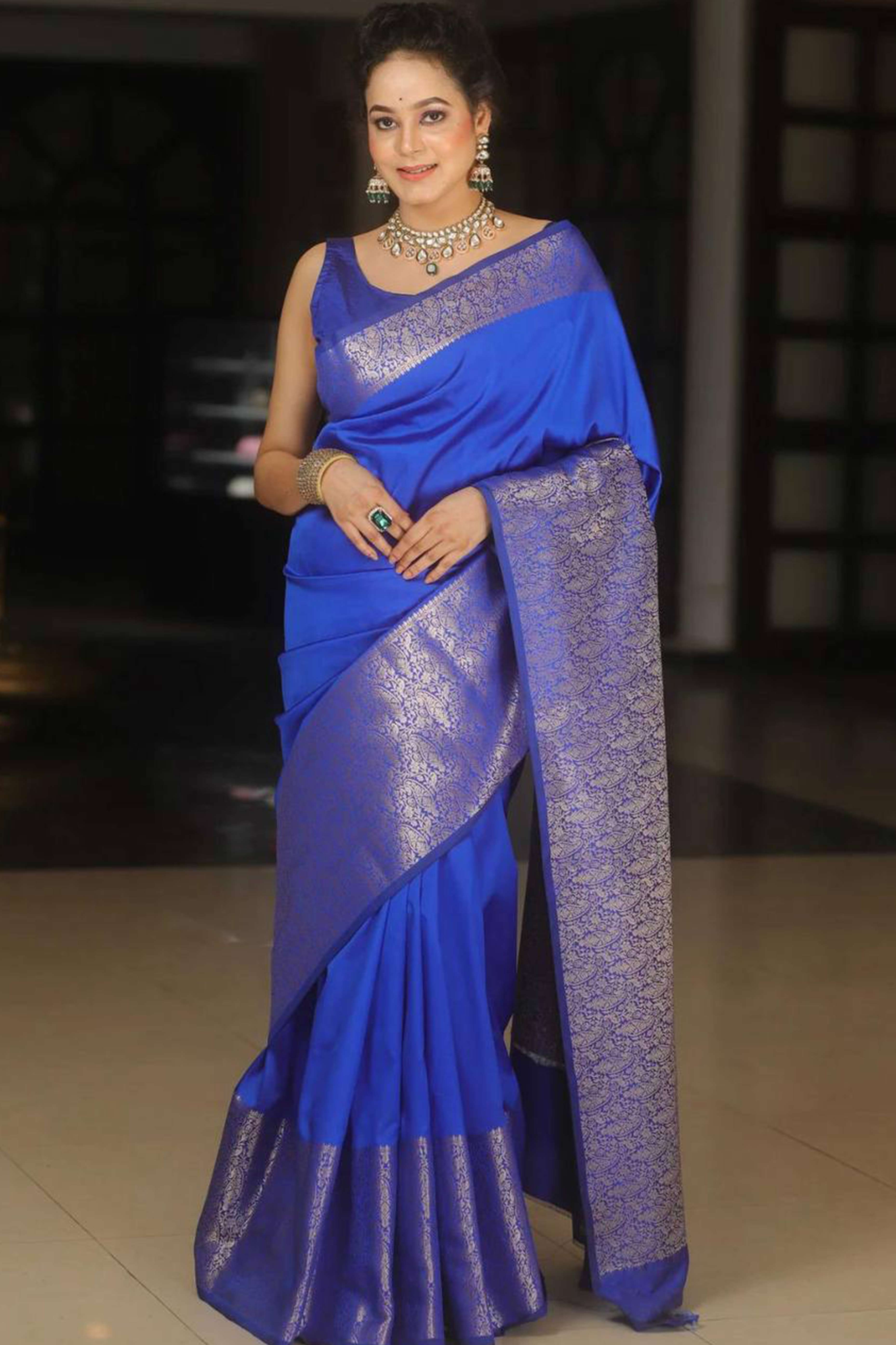 Blue Floral Woven Border Lichi Banarasi Silk Saree