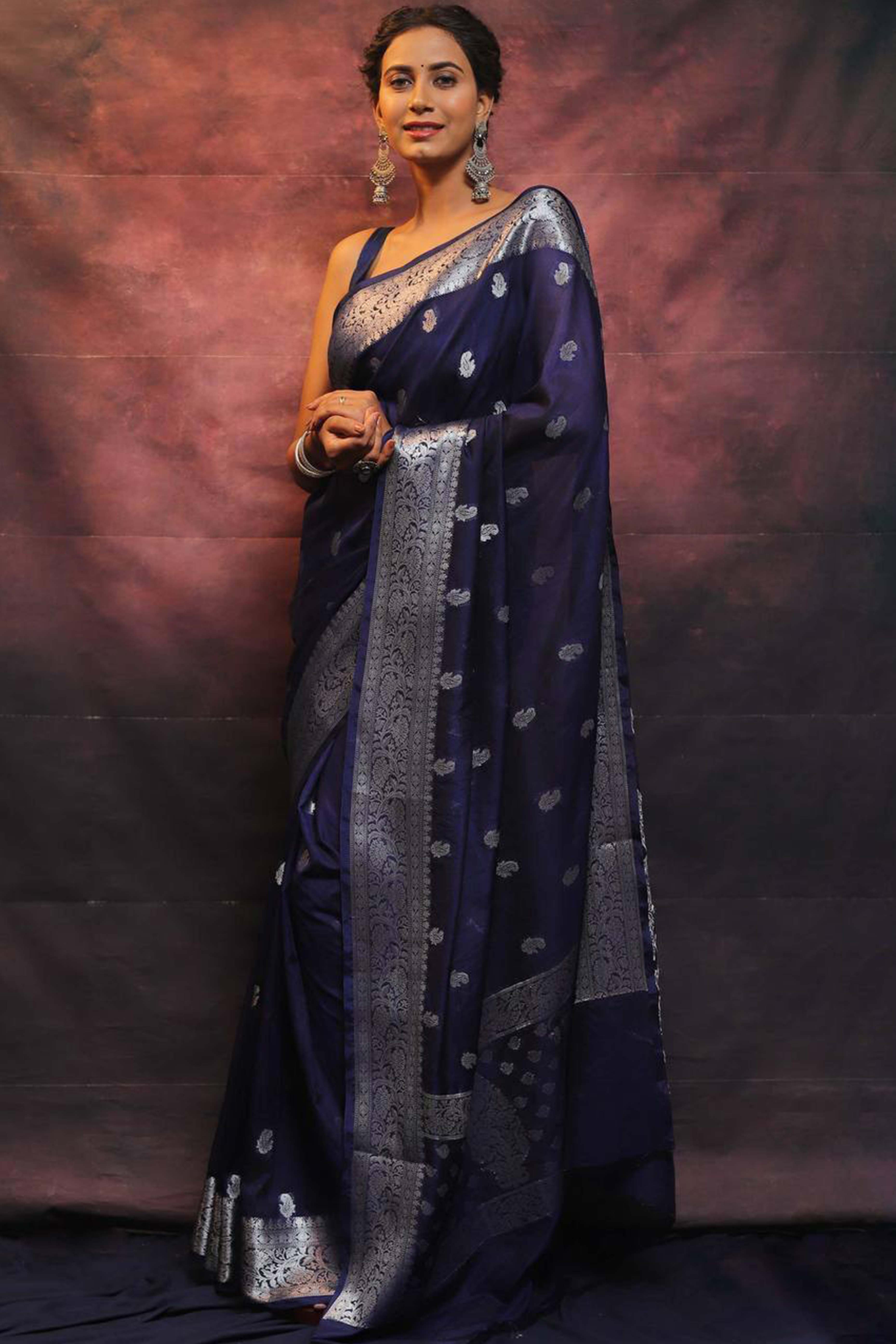 Navy Blue Floral Woven Lichi Banarasi Silk Saree