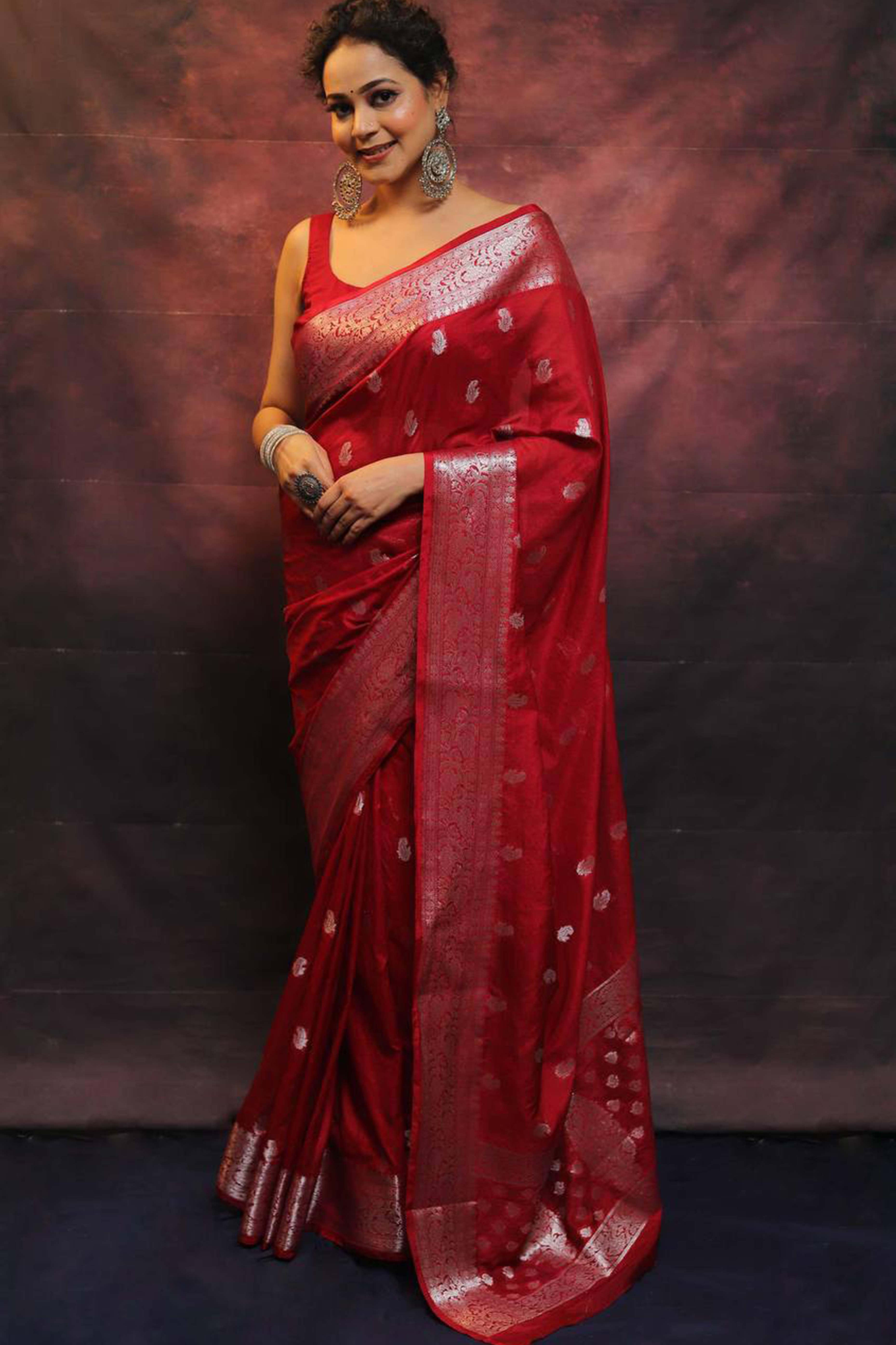 Red Floral Woven Lichi Banarasi Silk Saree