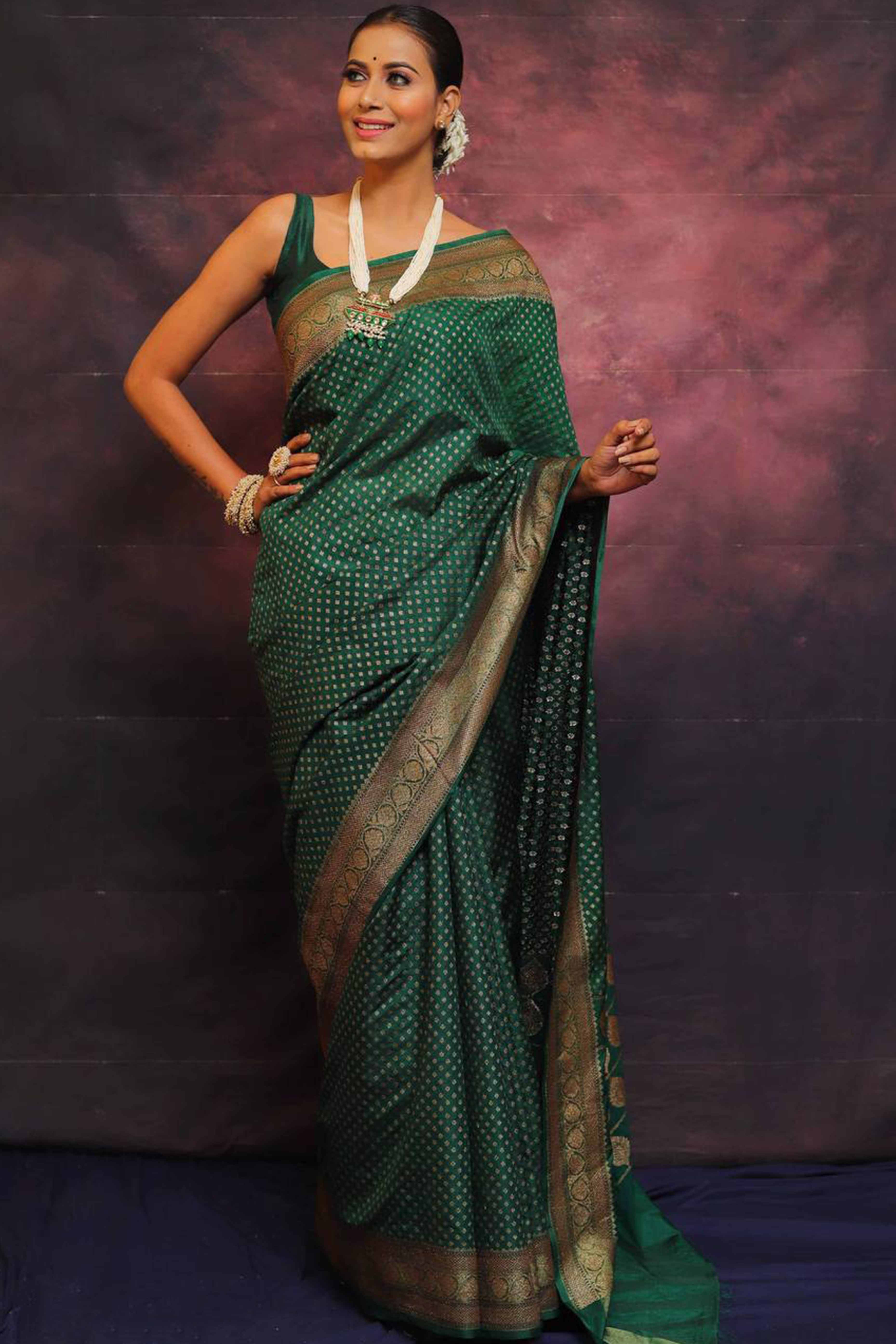 Bottle Green Floral Woven Lichi Banarasi Silk Saree