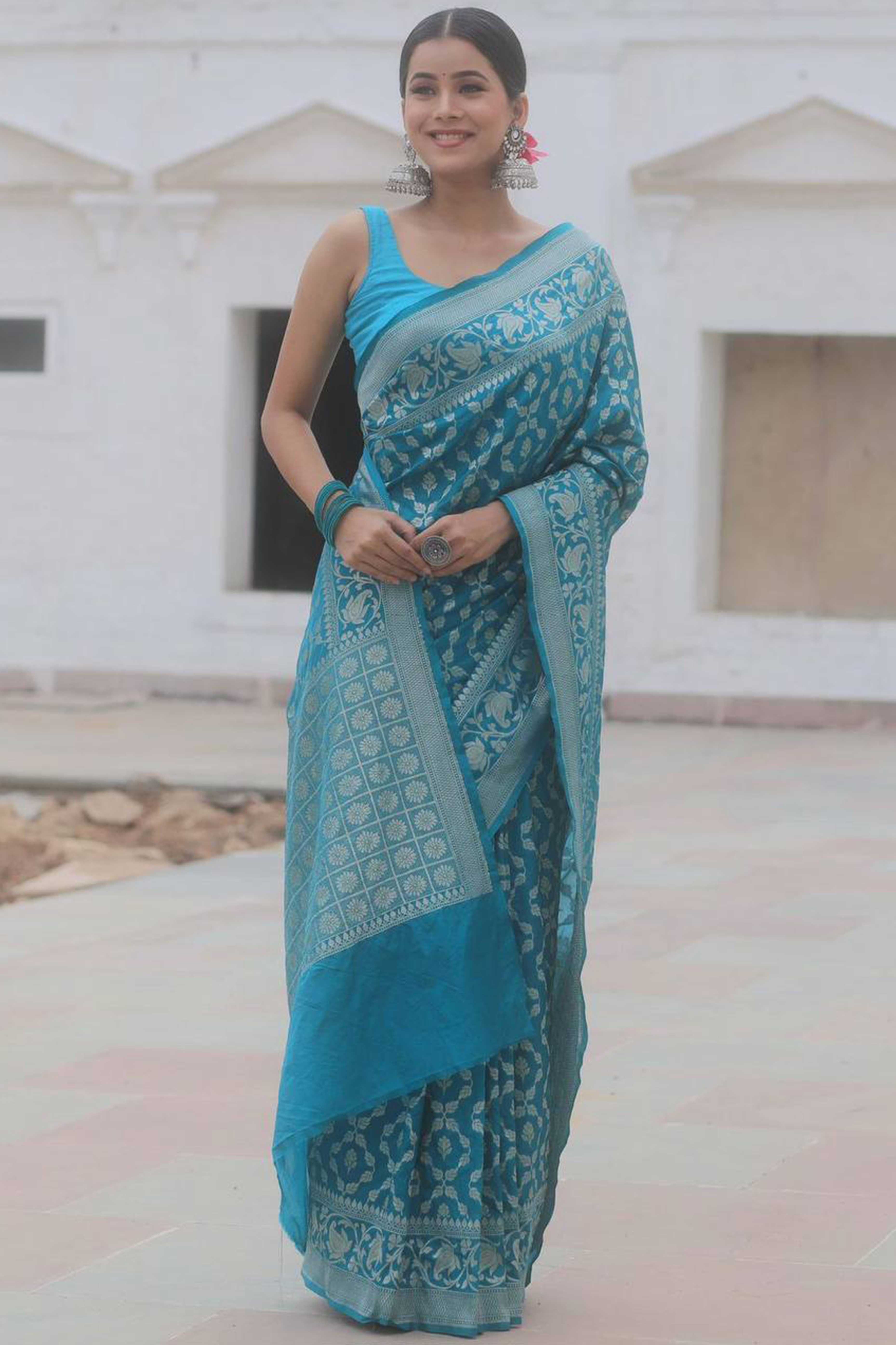 Turquoise Floral Woven Banarasi Silk Saree
