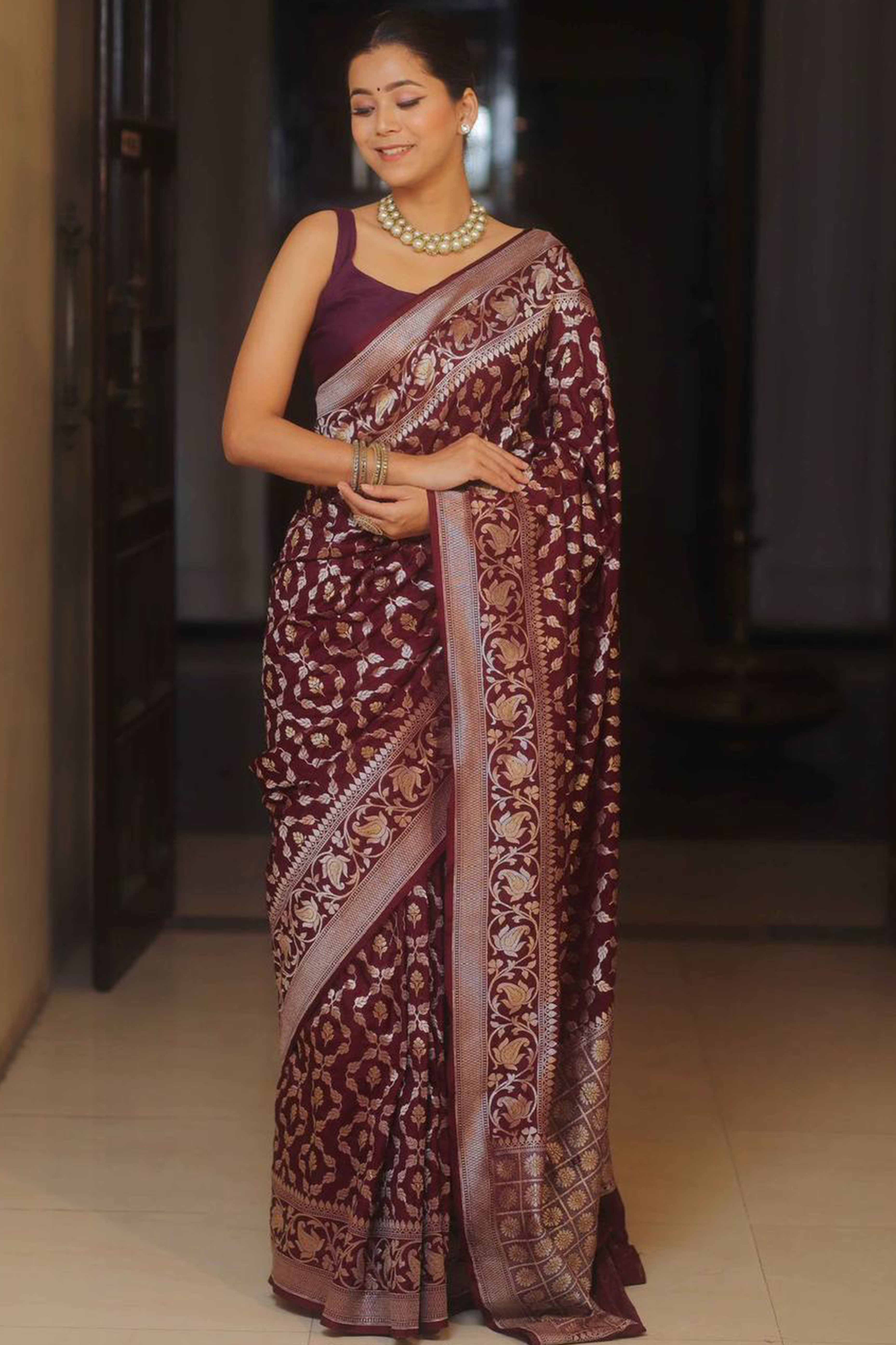 Wine Floral Woven Banarasi Silk Saree