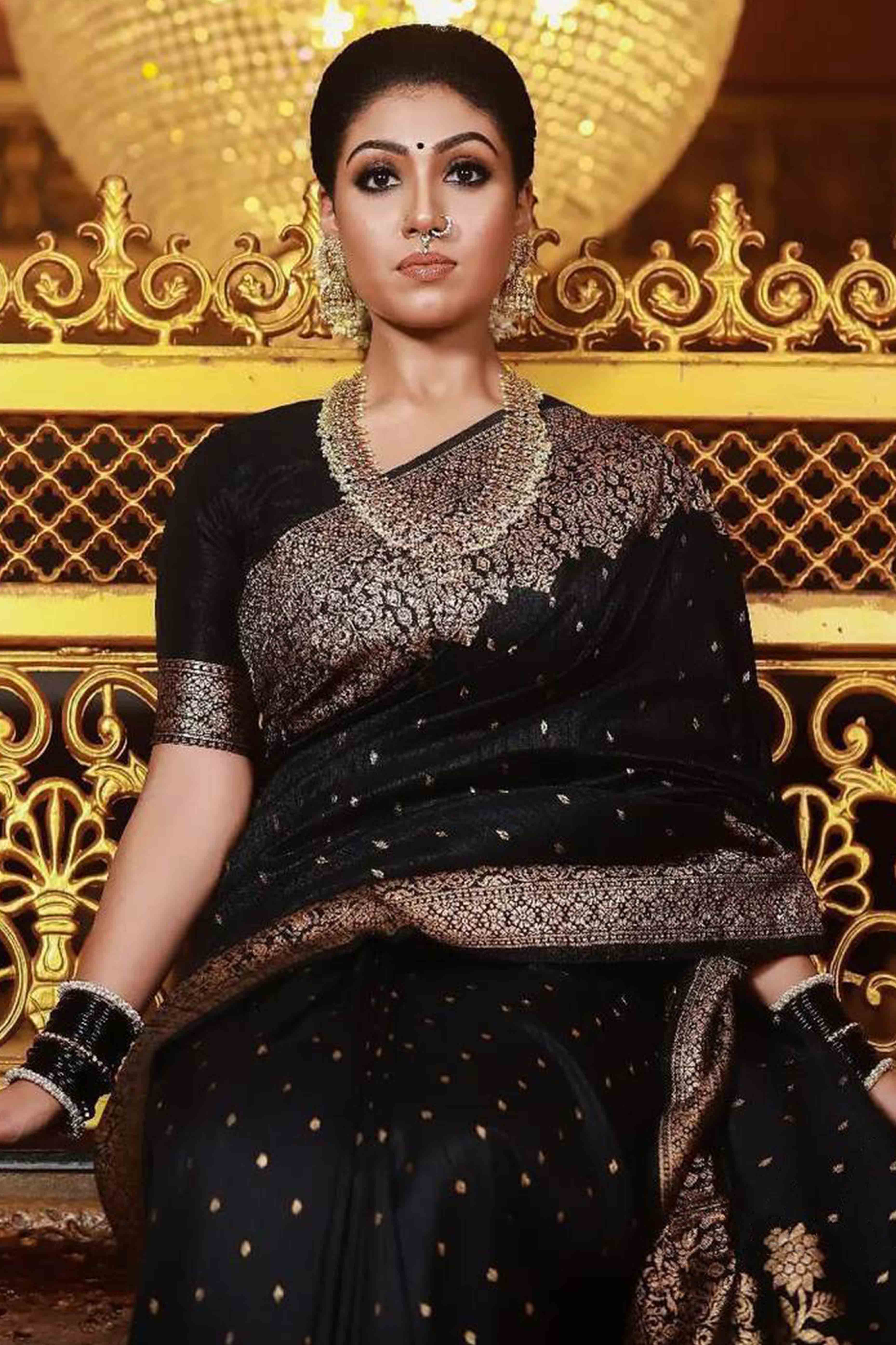Black Floral Woven Banarasi Silk Saree With Tassels