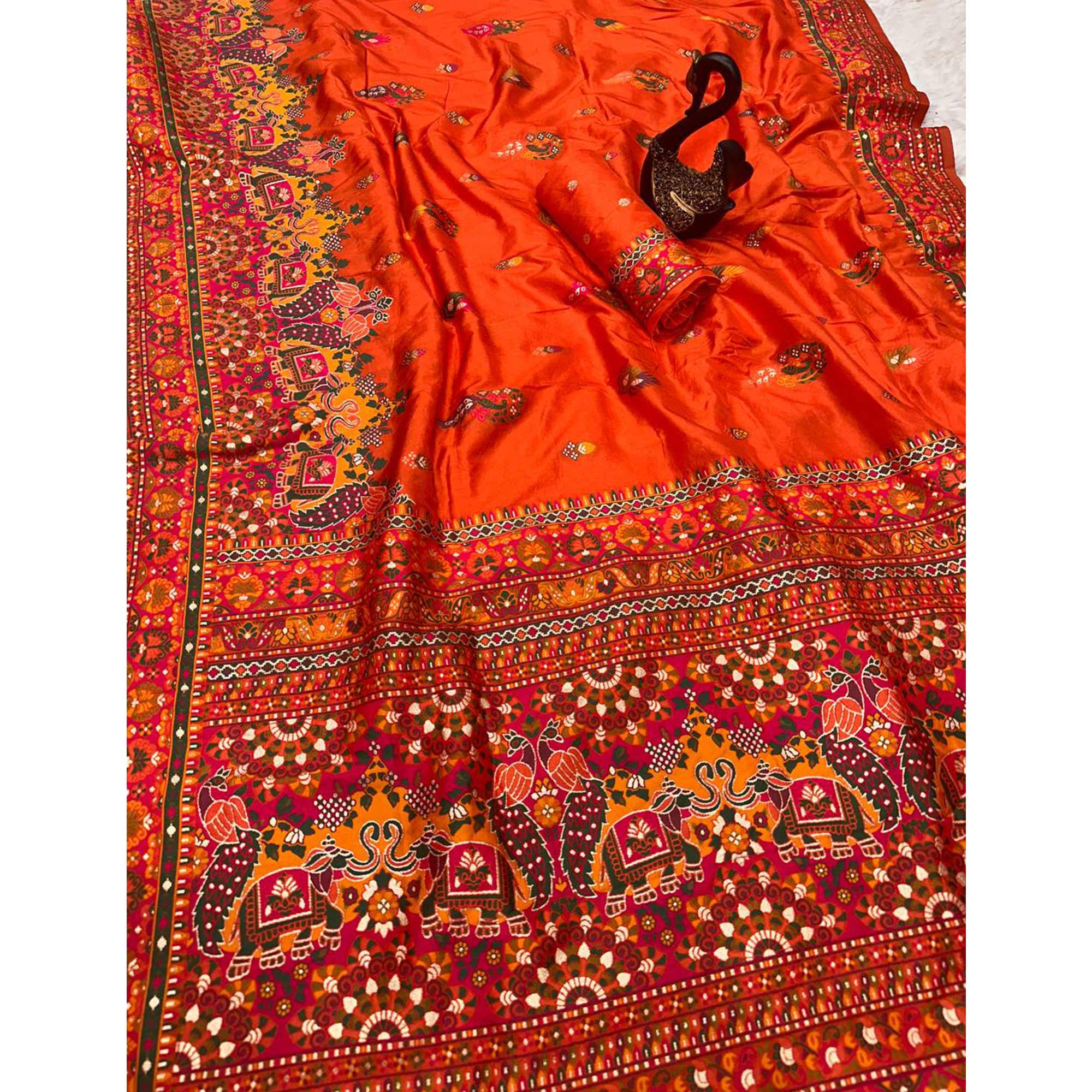 Orange Pashmina Silk Weaving Saree Designed in Classic Rajwadi Style for Festive Wear