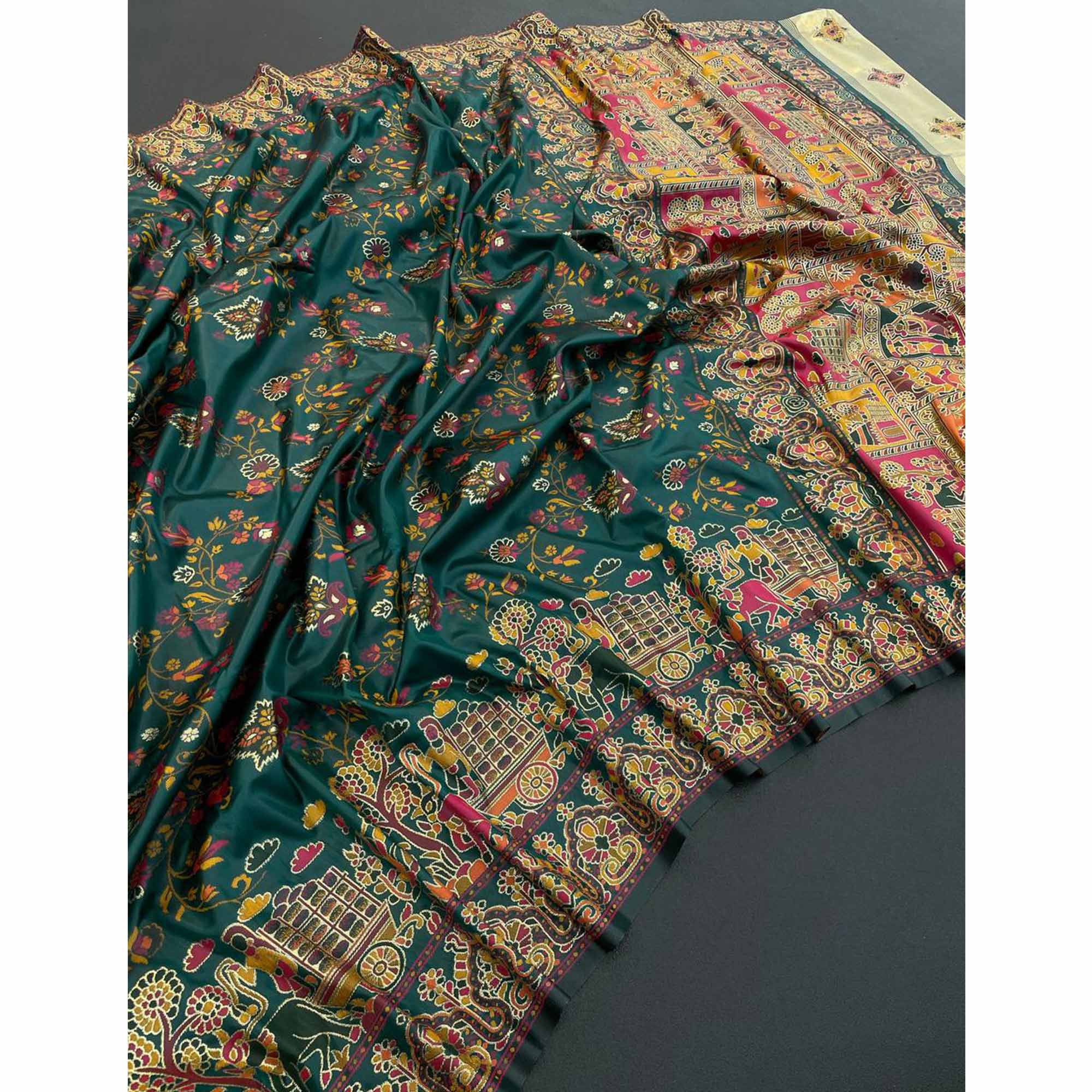 Royal Dark Green Pashmina Silk Saree with Rajwadi Zari Weaving