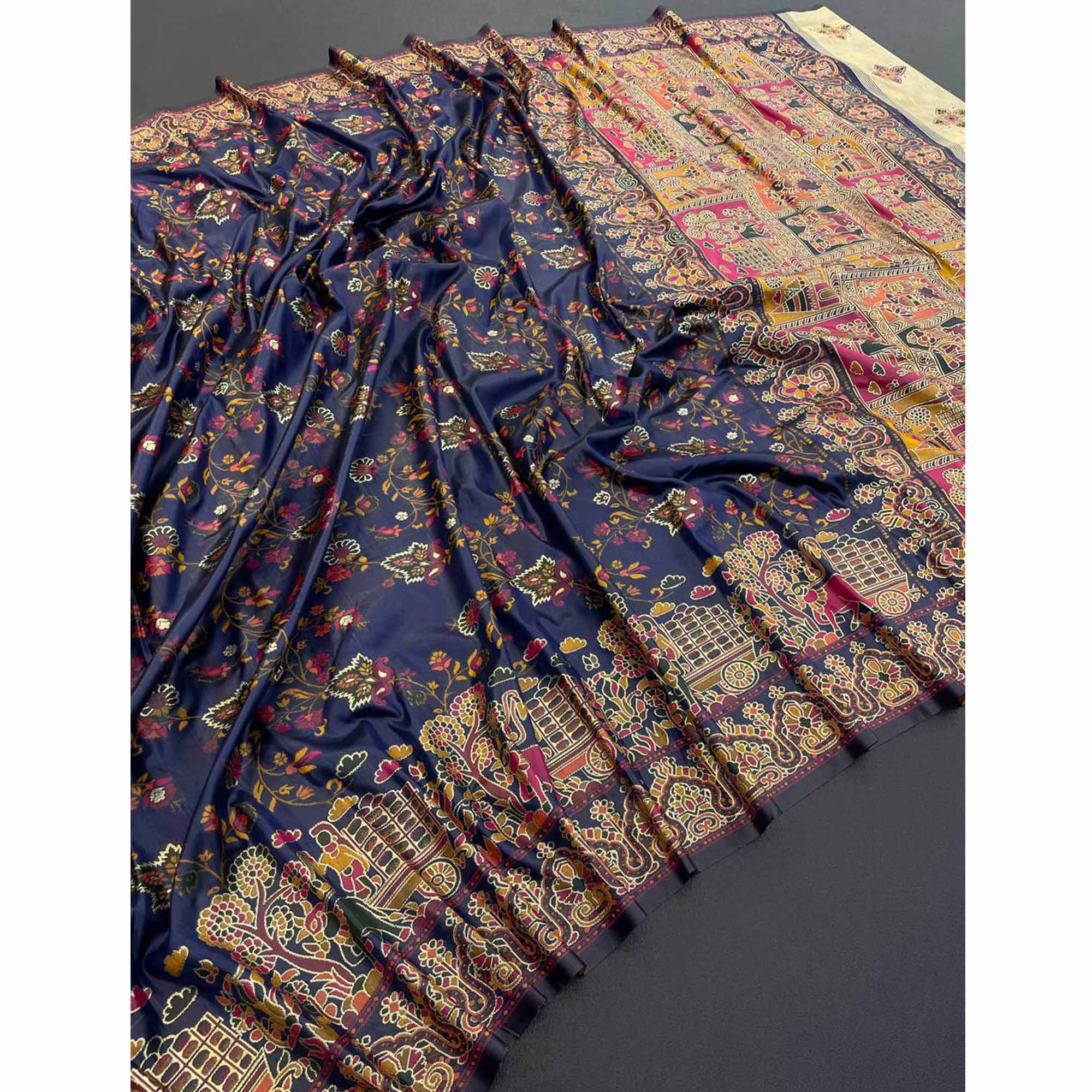 Royal Navy Blue Pashmina Silk Saree with Rajwadi Zari Weaving