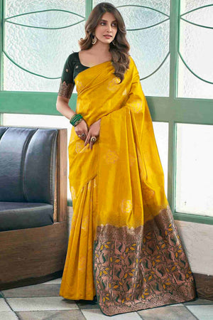 Mustard Banarasi Silk Saree Adorned with Elegant Floral Zari Weaving