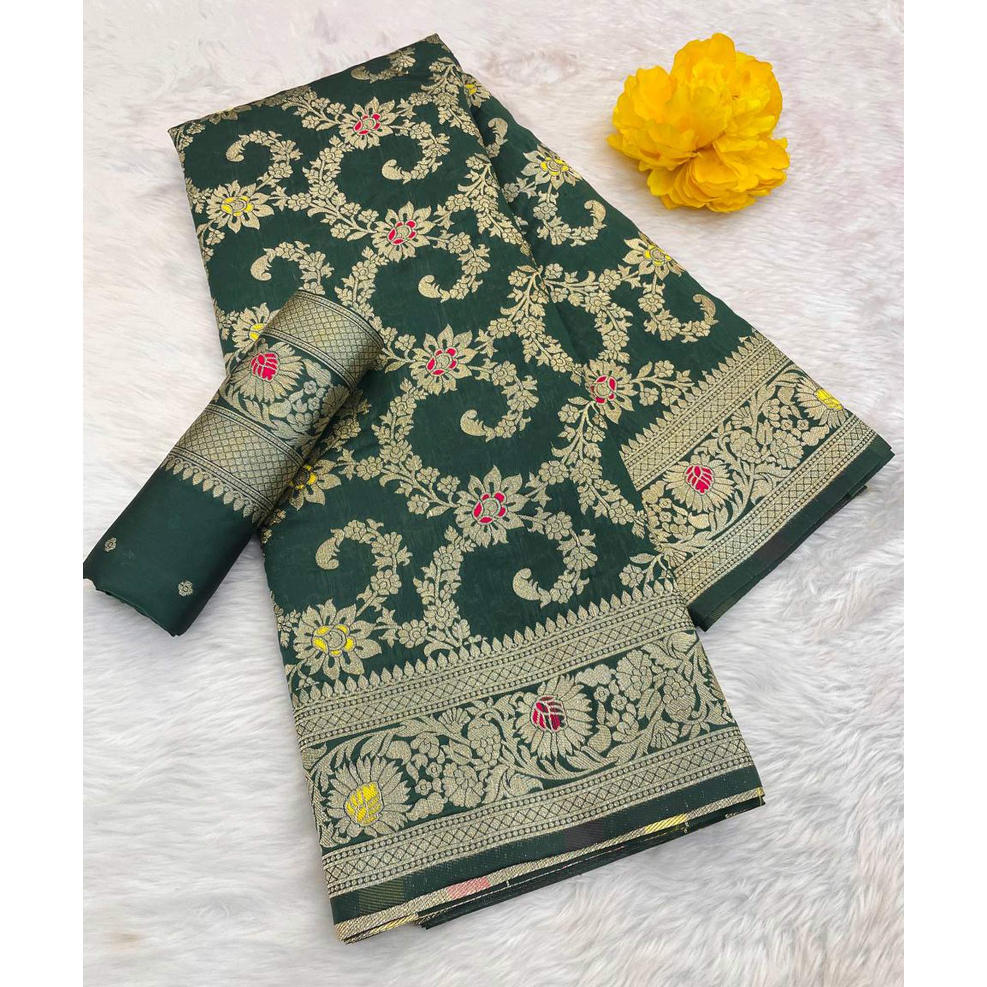 Green Pure Silk Drape Featuring Traditional Heavy Zari Weaving for a Royal Look