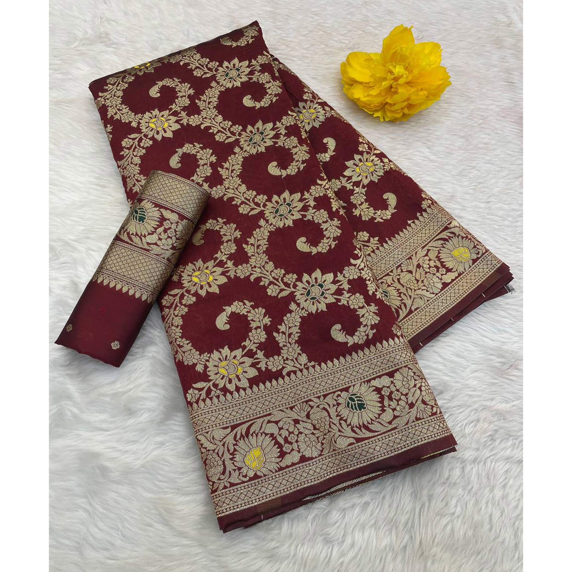 Wine Pure Silk Drape Featuring Traditional Heavy Zari Weaving for a Royal Look