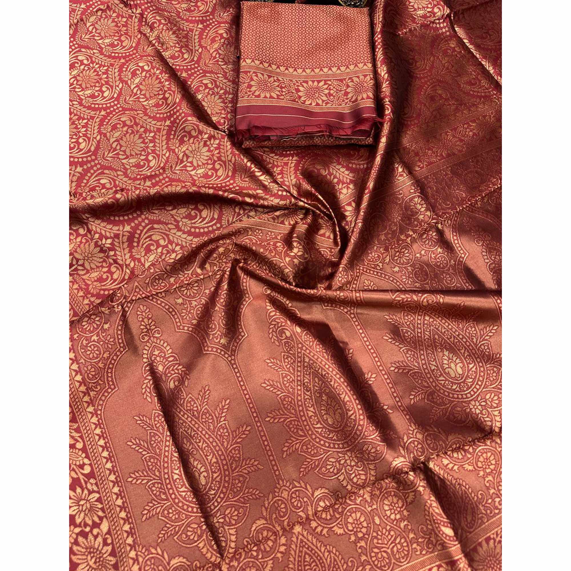 Royal Rusty Maroon Pure Silk Banarasi Saree Highlighted with Handwoven Zari Buta Motifs