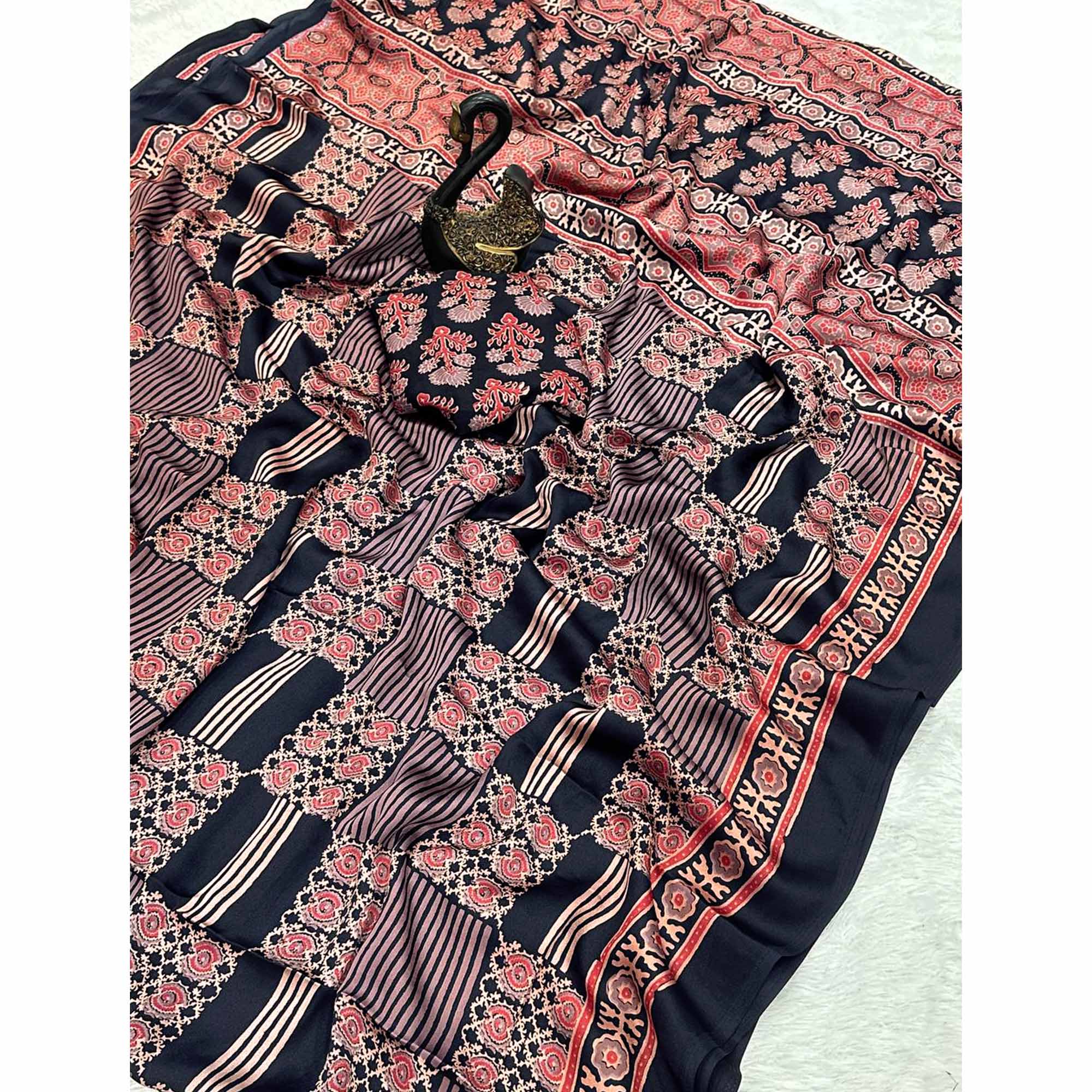Designer Black Ajrakh Print Pure Silk Saree for Special Occasions