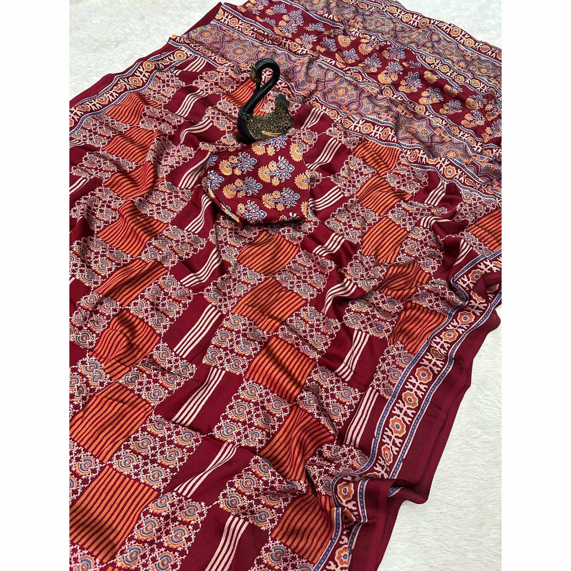 Designer Maroon Ajrakh Print Pure Silk Saree for Special Occasions