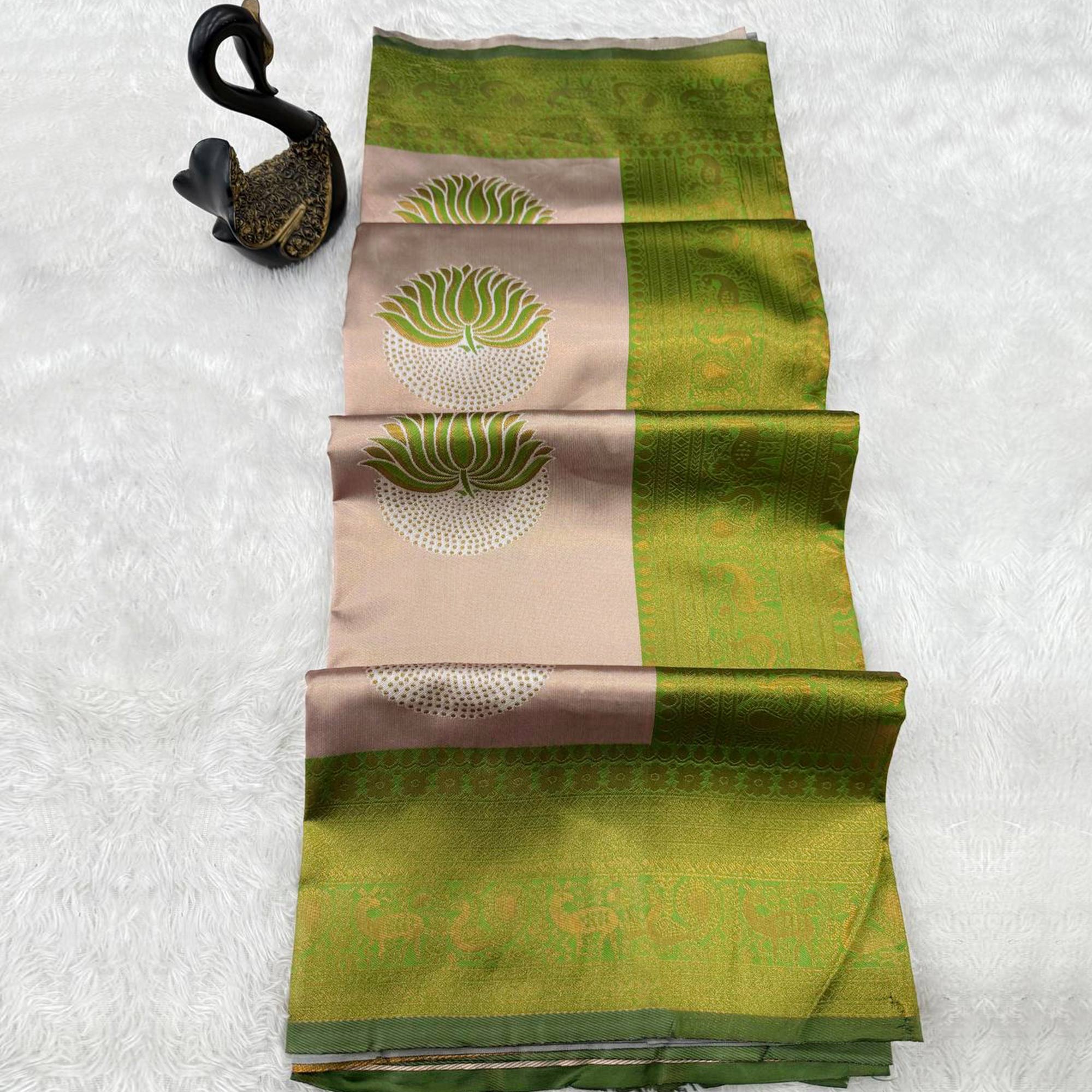 Green Floral Zari Weaving Banarasi Silk Saree Embellished With Intricate Unique Border & Pallu