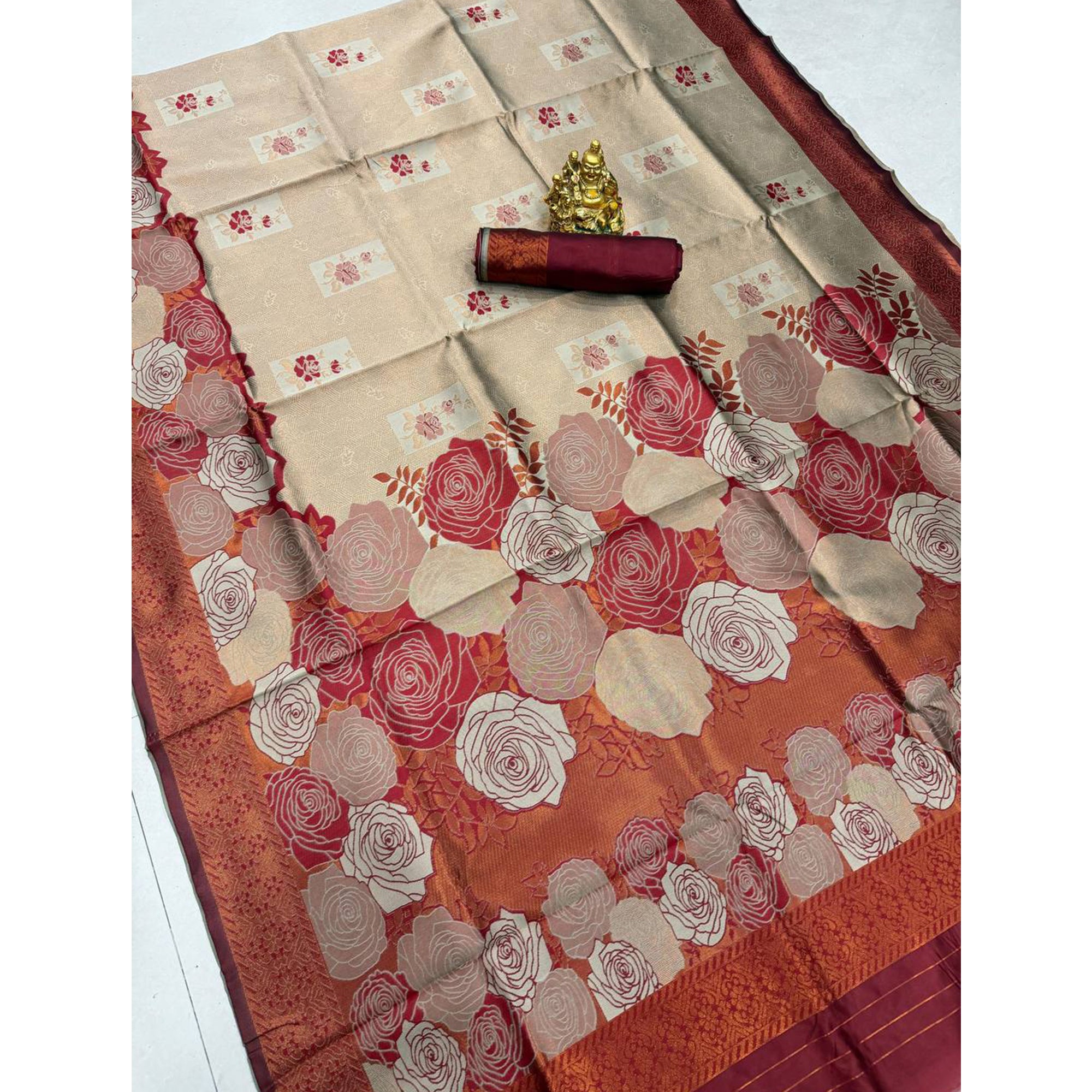Beige Handloom Banarasi Silk Saree Enhanced with Artistic Floral Zari Weaving for Timeless Appeal