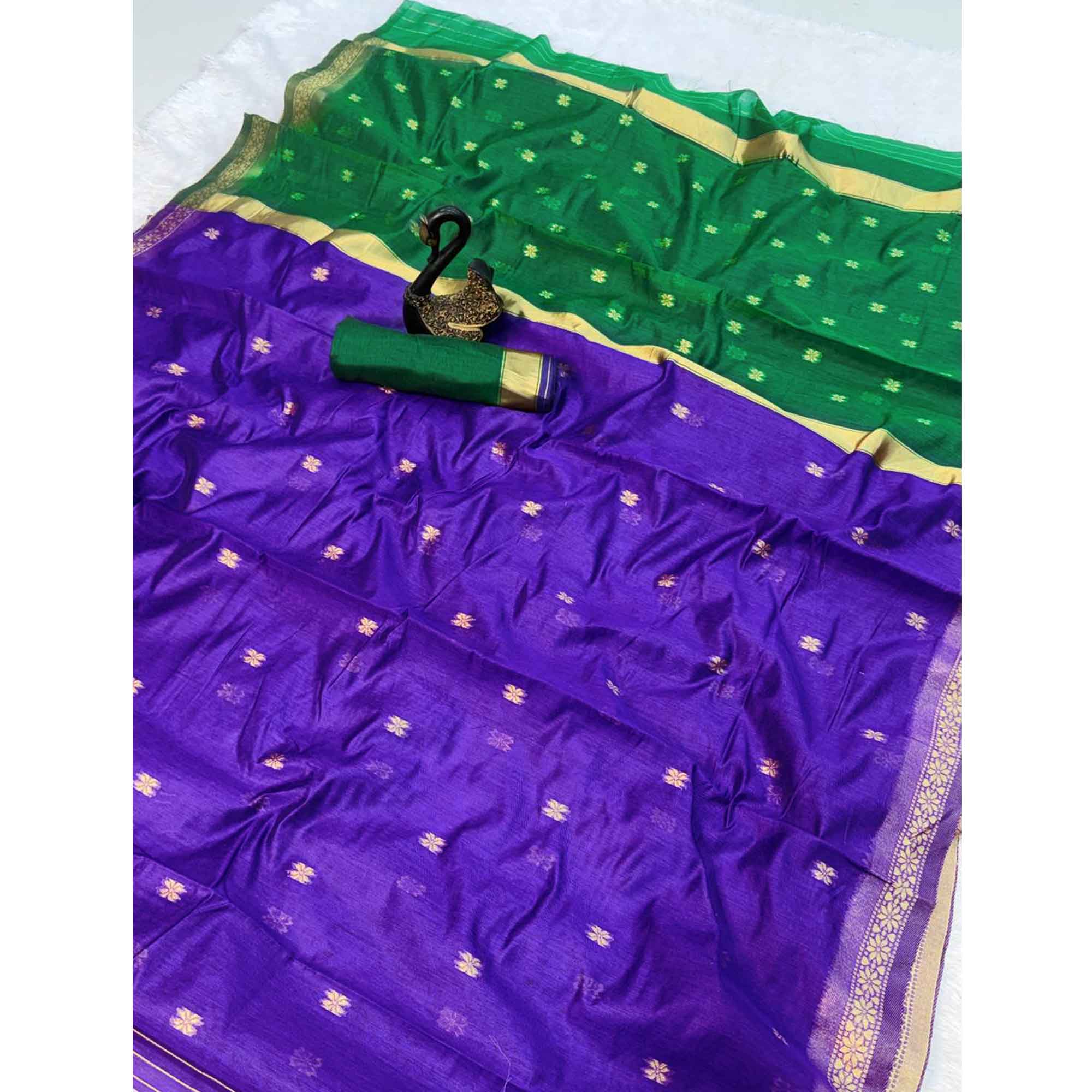 Purple Linen Cotton Saree Adorned with Intricate Zari Butti Weaving for a Refined Ethnic Appeal