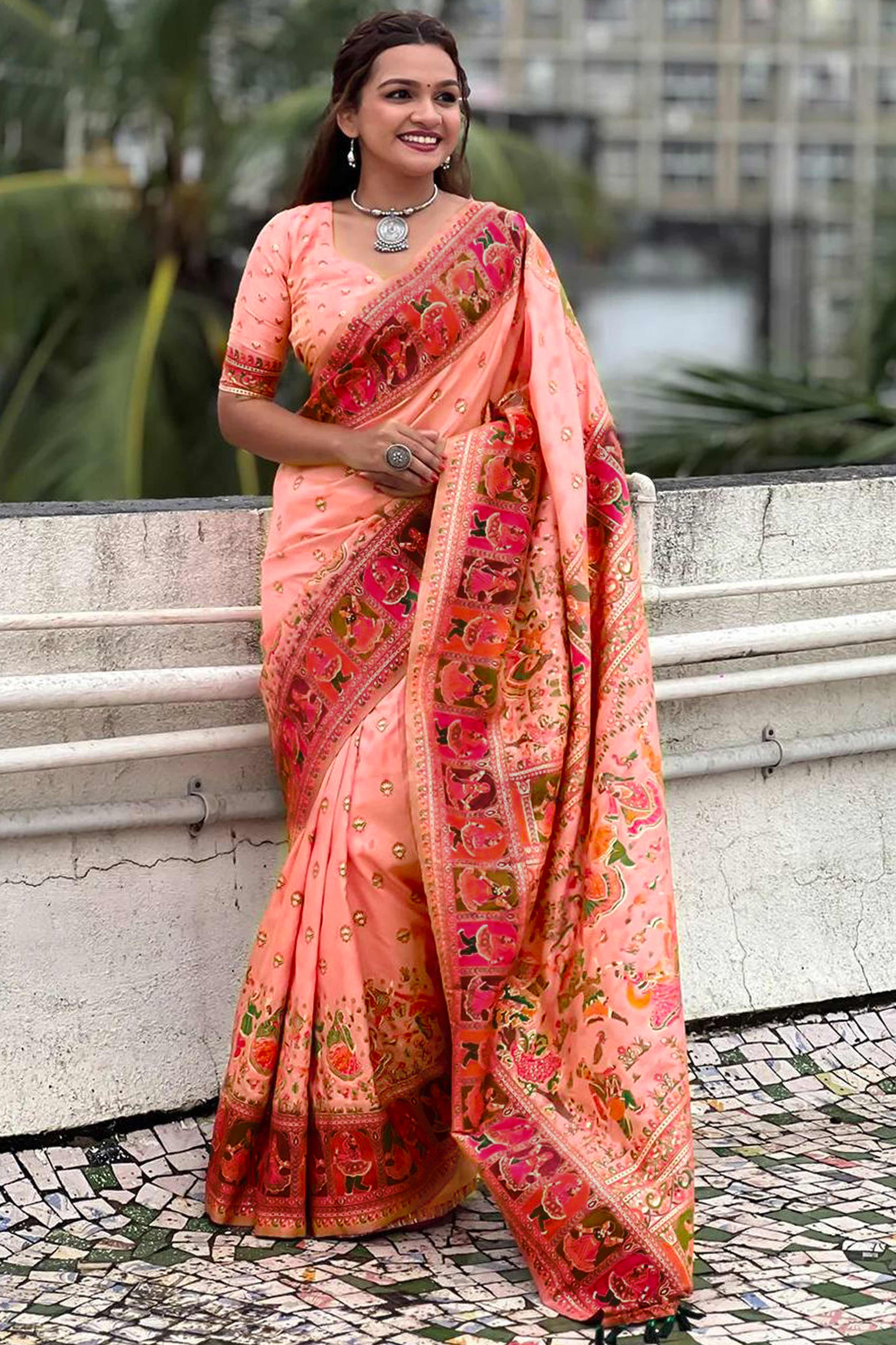 Peach Pashmina Silk Saree Enhanced with Intricate Rajwadi Zari Weaves for Festive Elegance