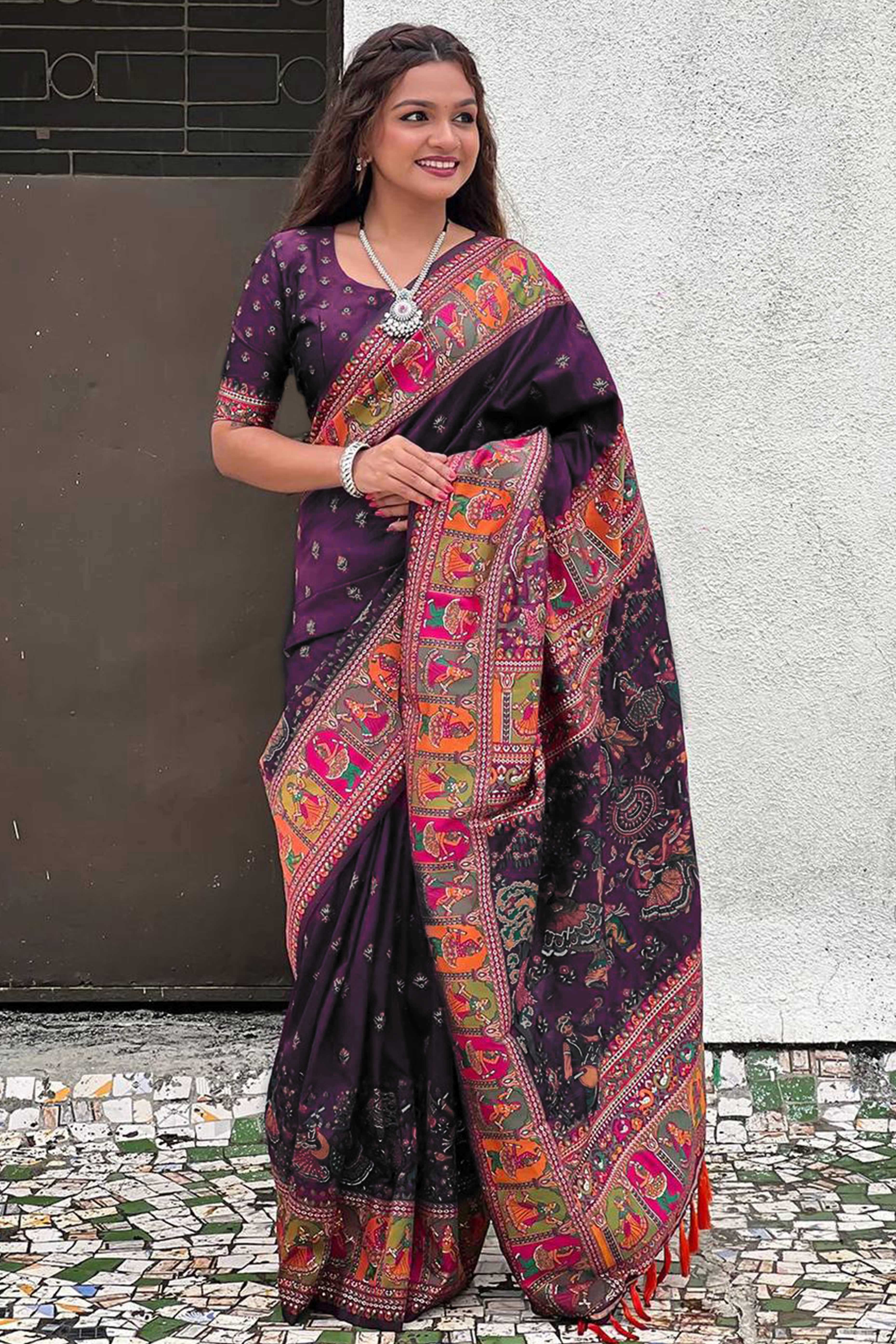 Purple Pashmina Silk Saree Enhanced with Intricate Rajwadi Zari Weaves for Festive Elegance