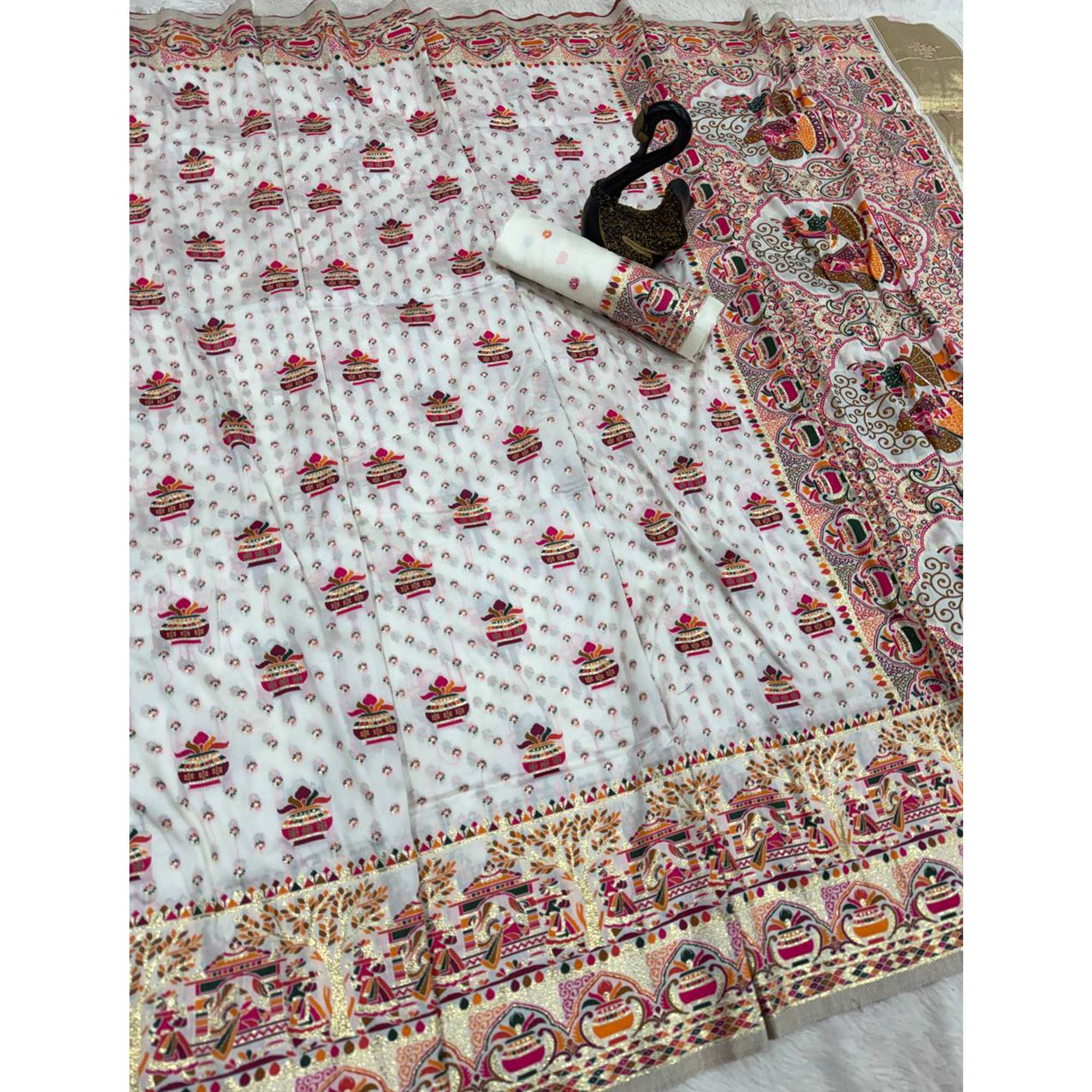 White Madhubani Inspired Weaving Pashmina Silk Saree Perfect for Refined Festive