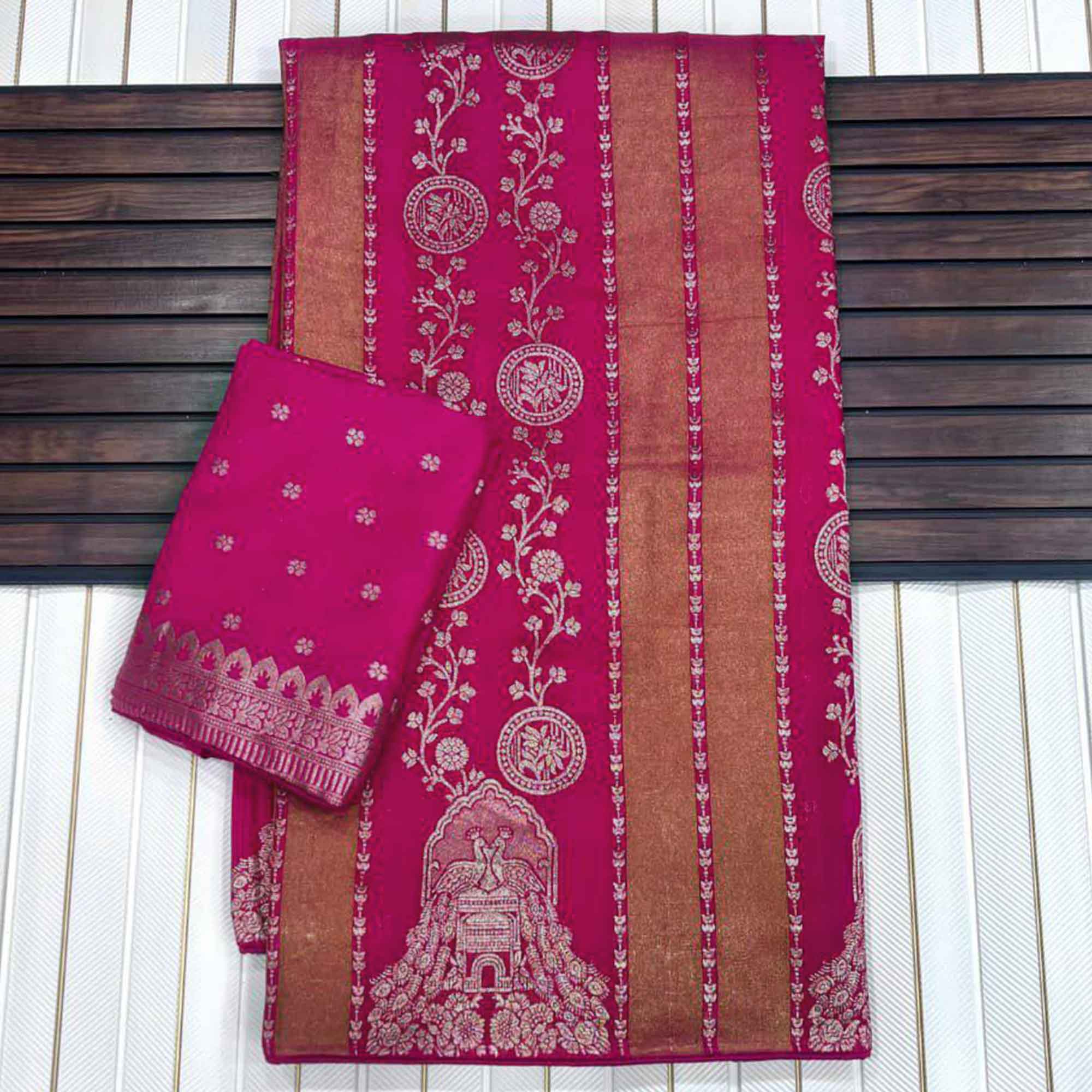 Pink Festive Wear Chinya Tissue Silk Saree Enhanced with Intricate Zari Weaving Detailing