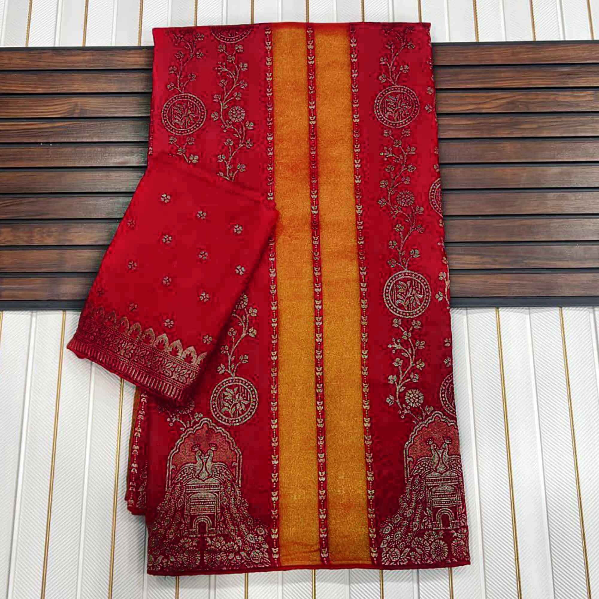 Red Festive Wear Chinya Tissue Silk Saree Enhanced with Intricate Zari Weaving Detailing