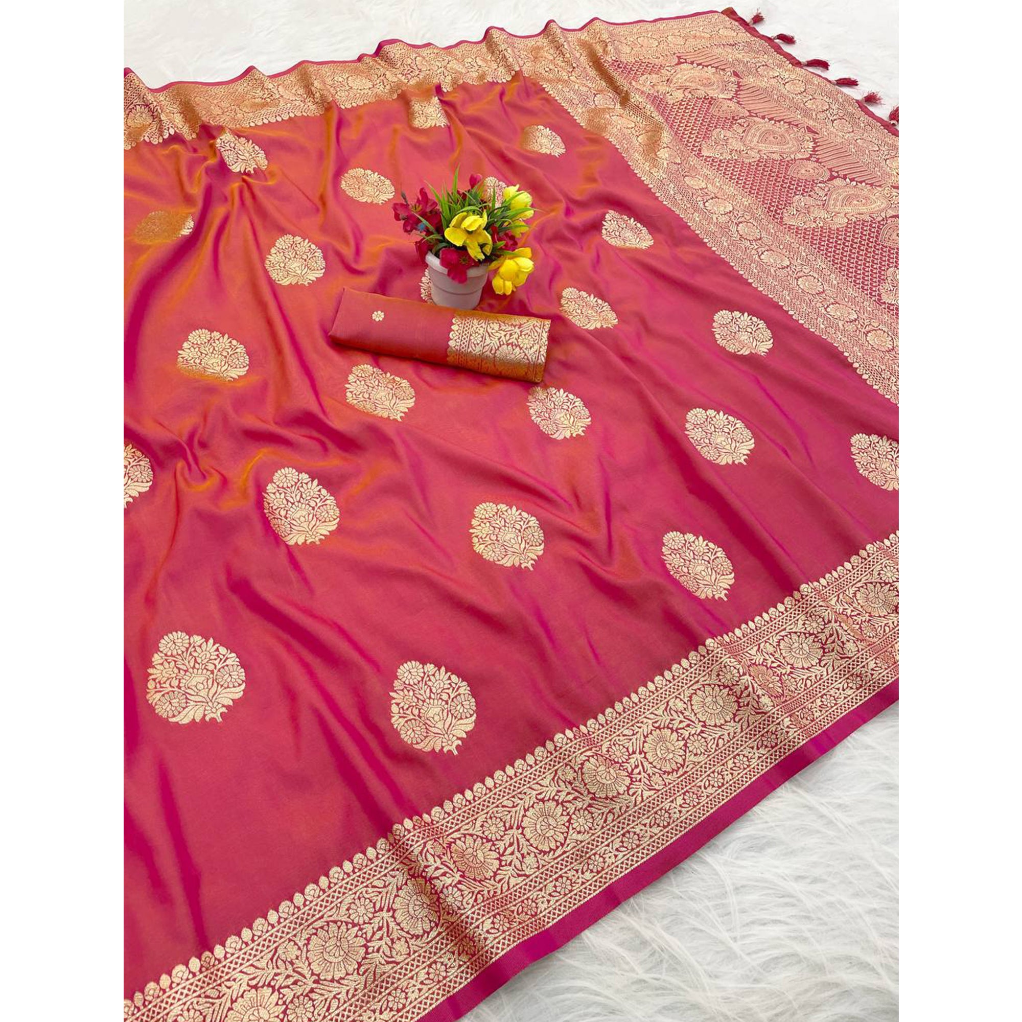 Peach Pure Banarasi Silk Saree Adorned with Intricate Zari Butti Woven Detailing