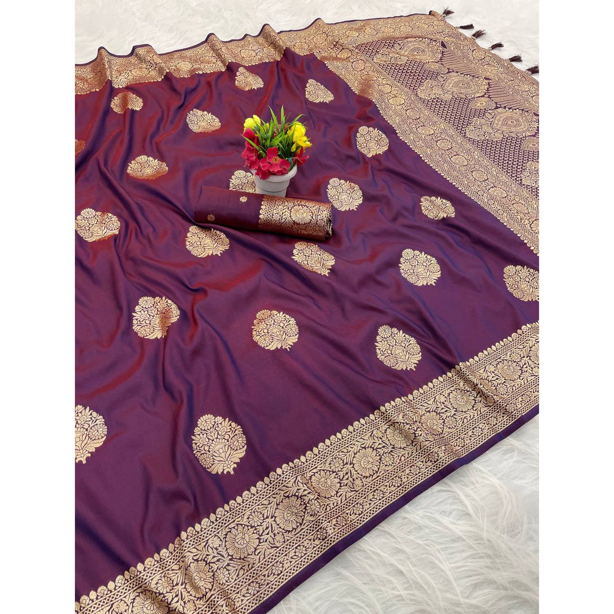 Purple Pure Banarasi Silk Saree Adorned with Intricate Zari Butti Woven Detailing