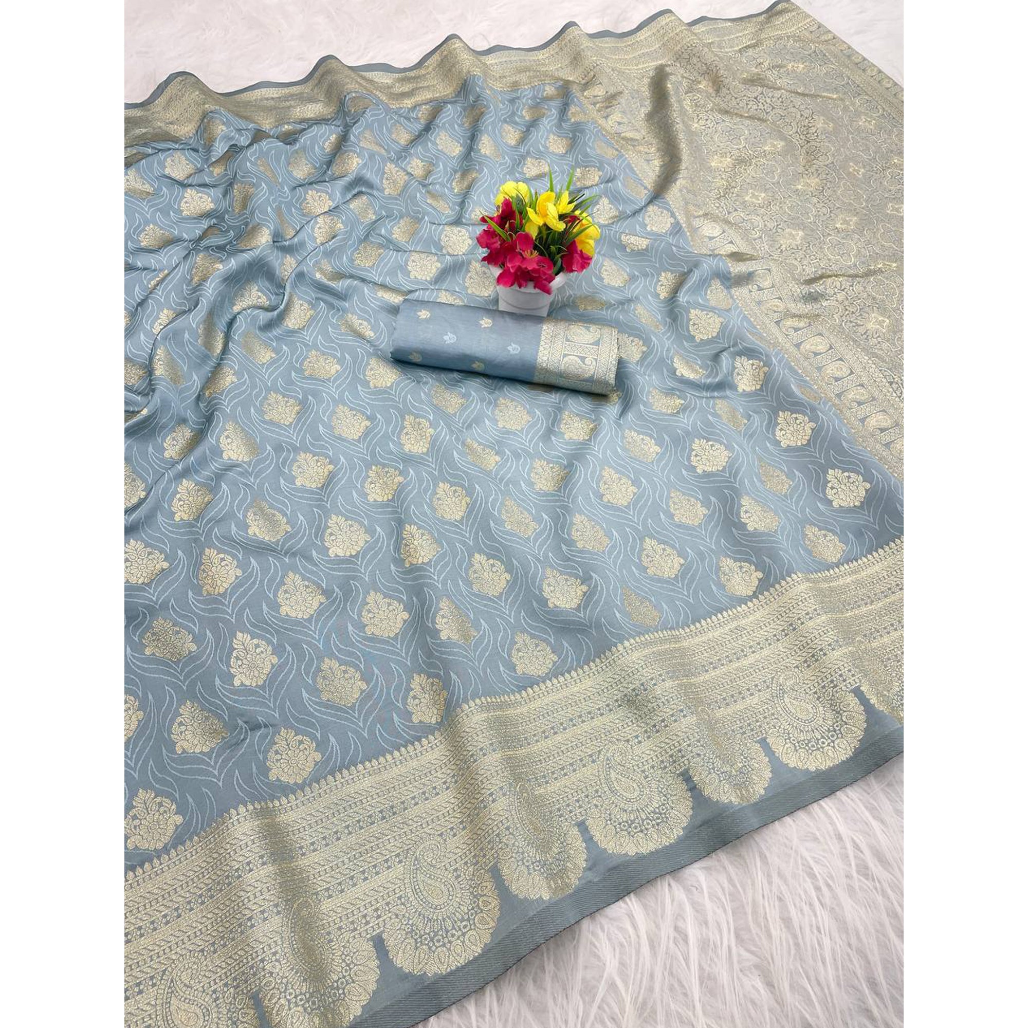 Blue Floral Zari Woven Pure Banarasi Silk Saree Designed for Luxurious Festive Elegance