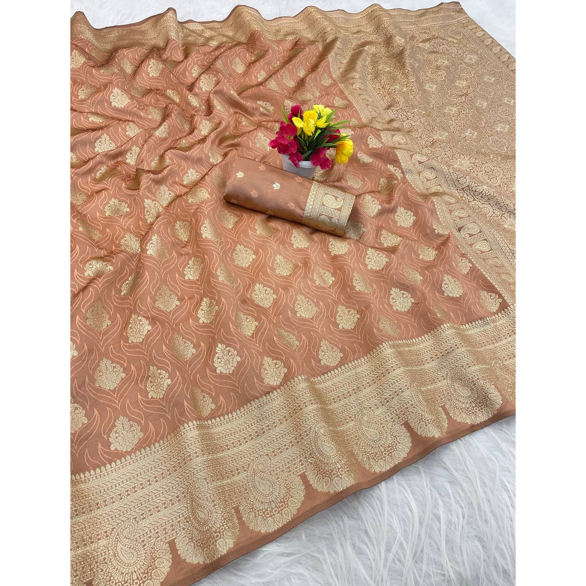 Brown Floral Zari Woven Pure Banarasi Silk Saree Designed for Luxurious Festive Elegance