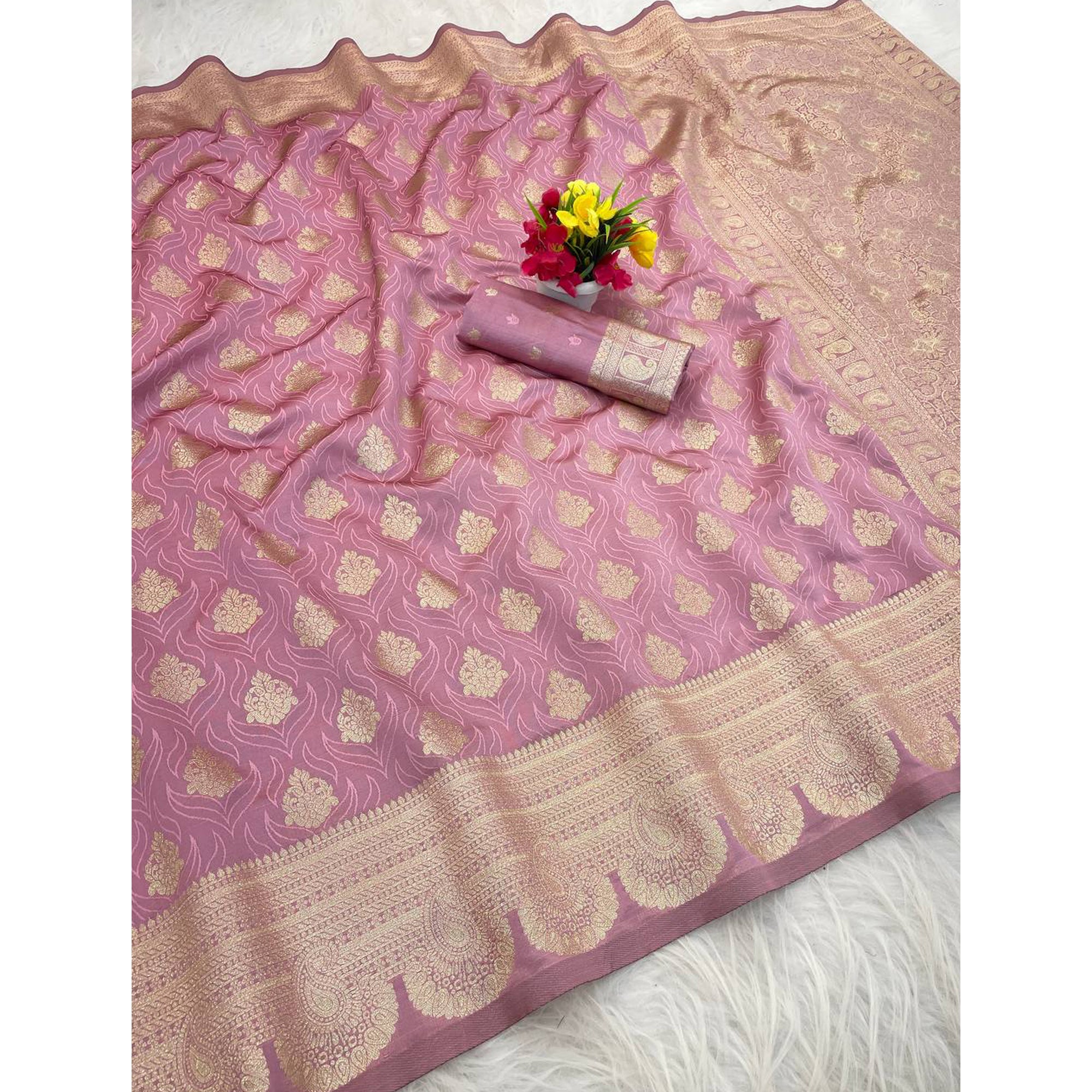 Pink Floral Zari Woven Pure Banarasi Silk Saree Designed for Luxurious Festive Elegance