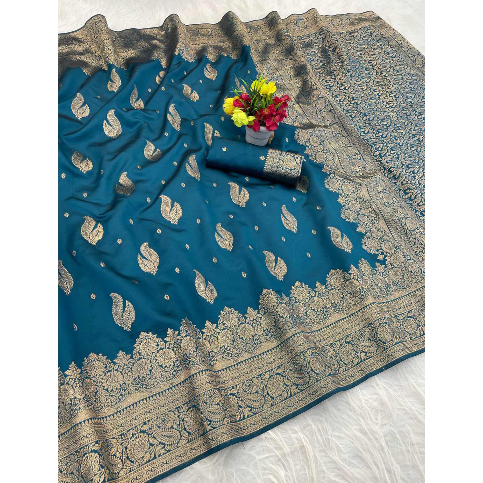 Teal Pure Banarasi Silk Saree Adorned with Exquisite Floral Zari Weaving