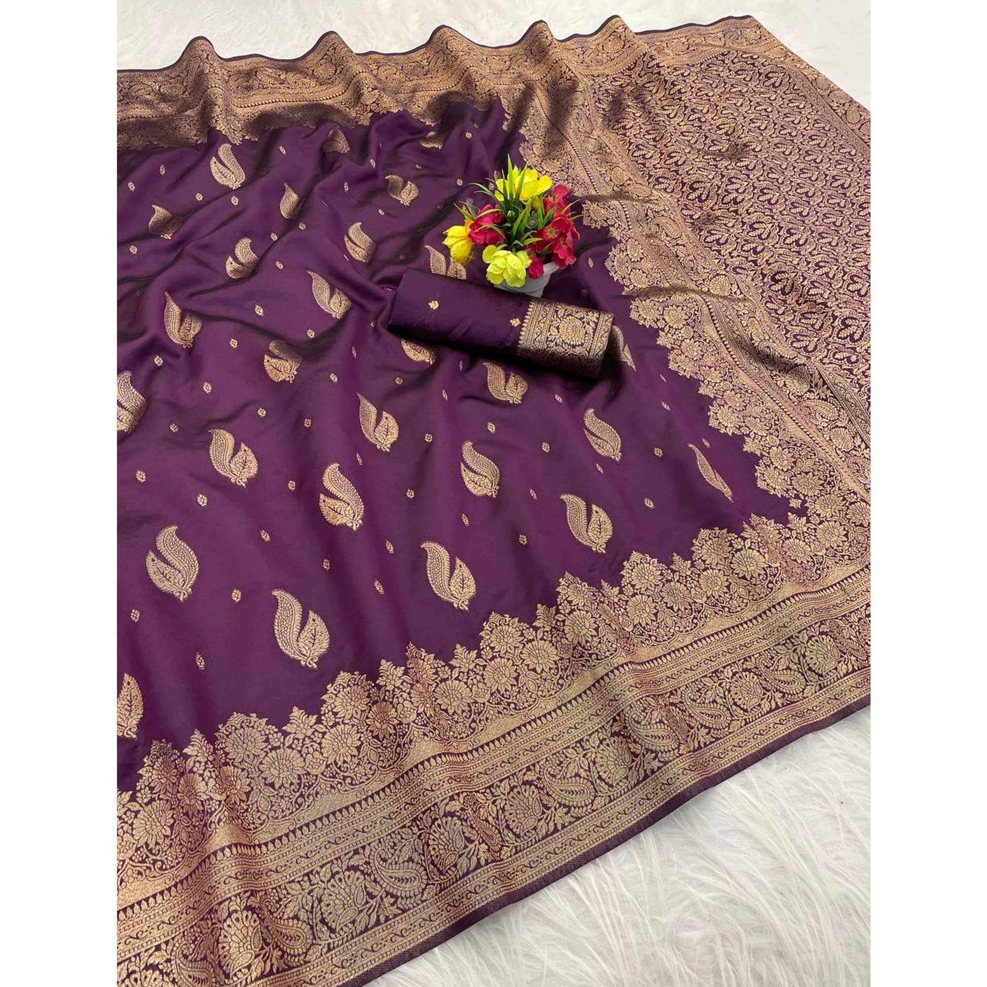Wine Pure Banarasi Silk Saree Adorned with Exquisite Floral Zari Weaving