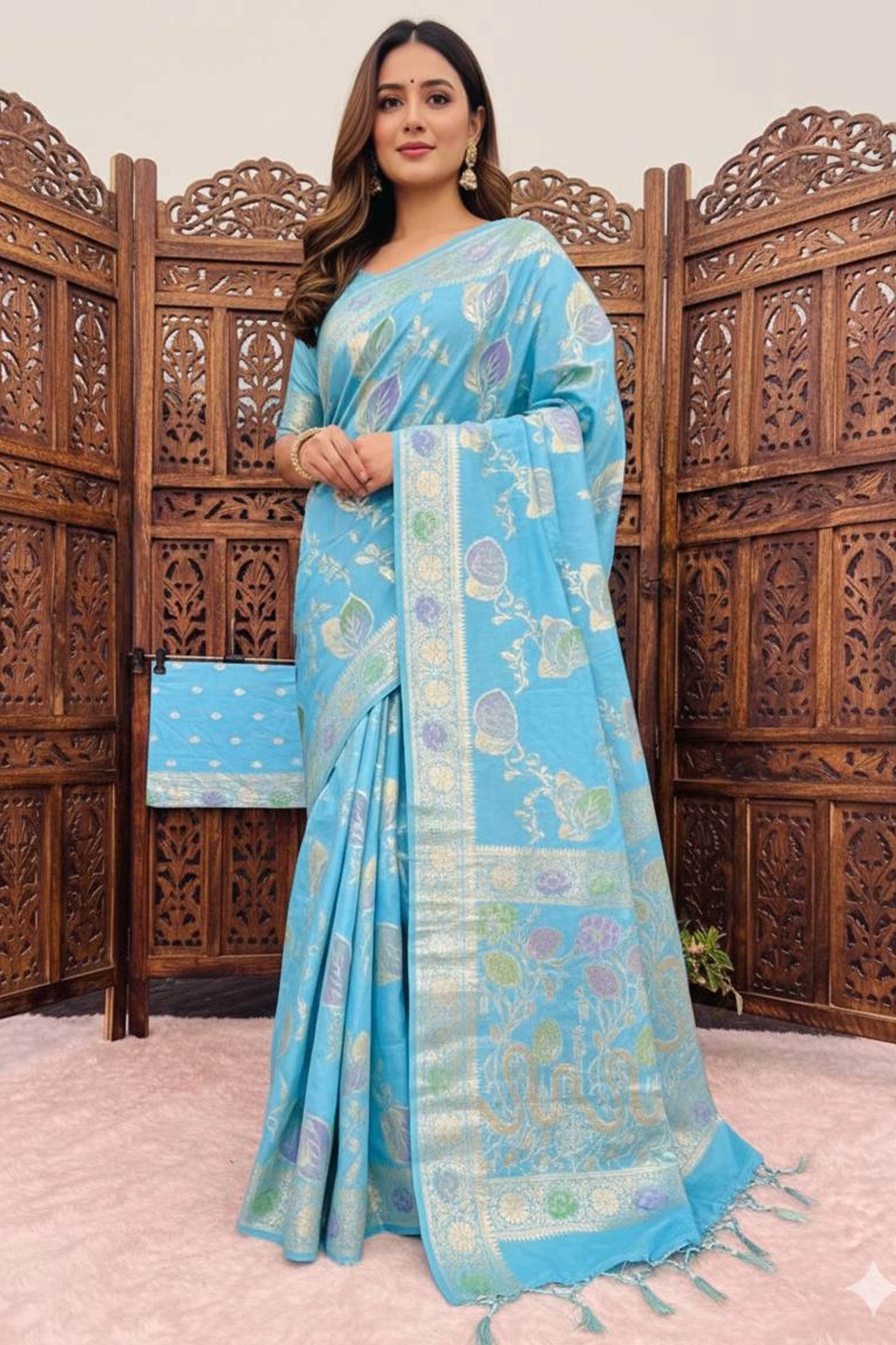 Blue Soft Dola Silk Saree Adorned with Intricate Meenakari-Style Weaving