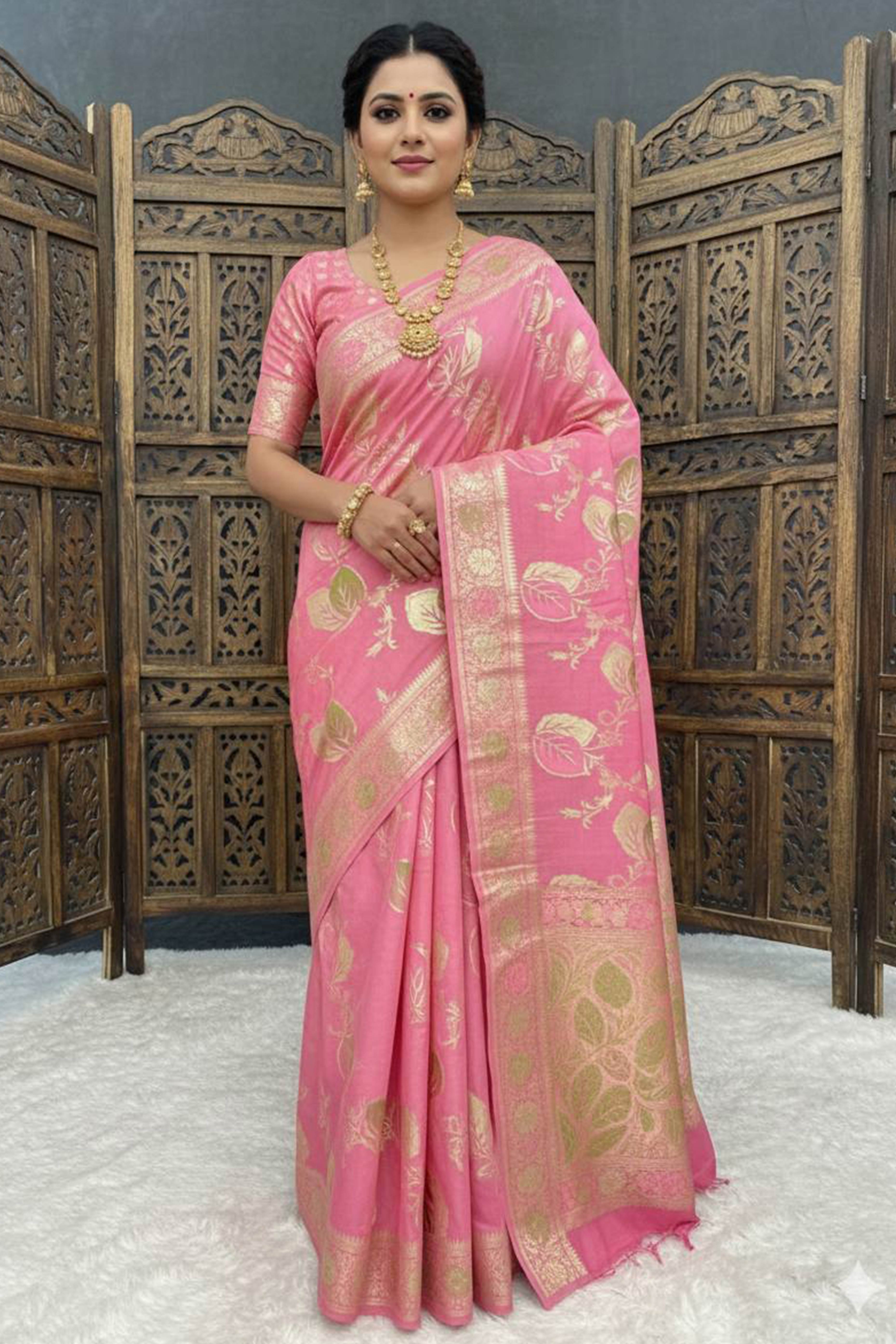 Pink Soft Dola Silk Saree Adorned with Intricate Meenakari-Style Weaving
