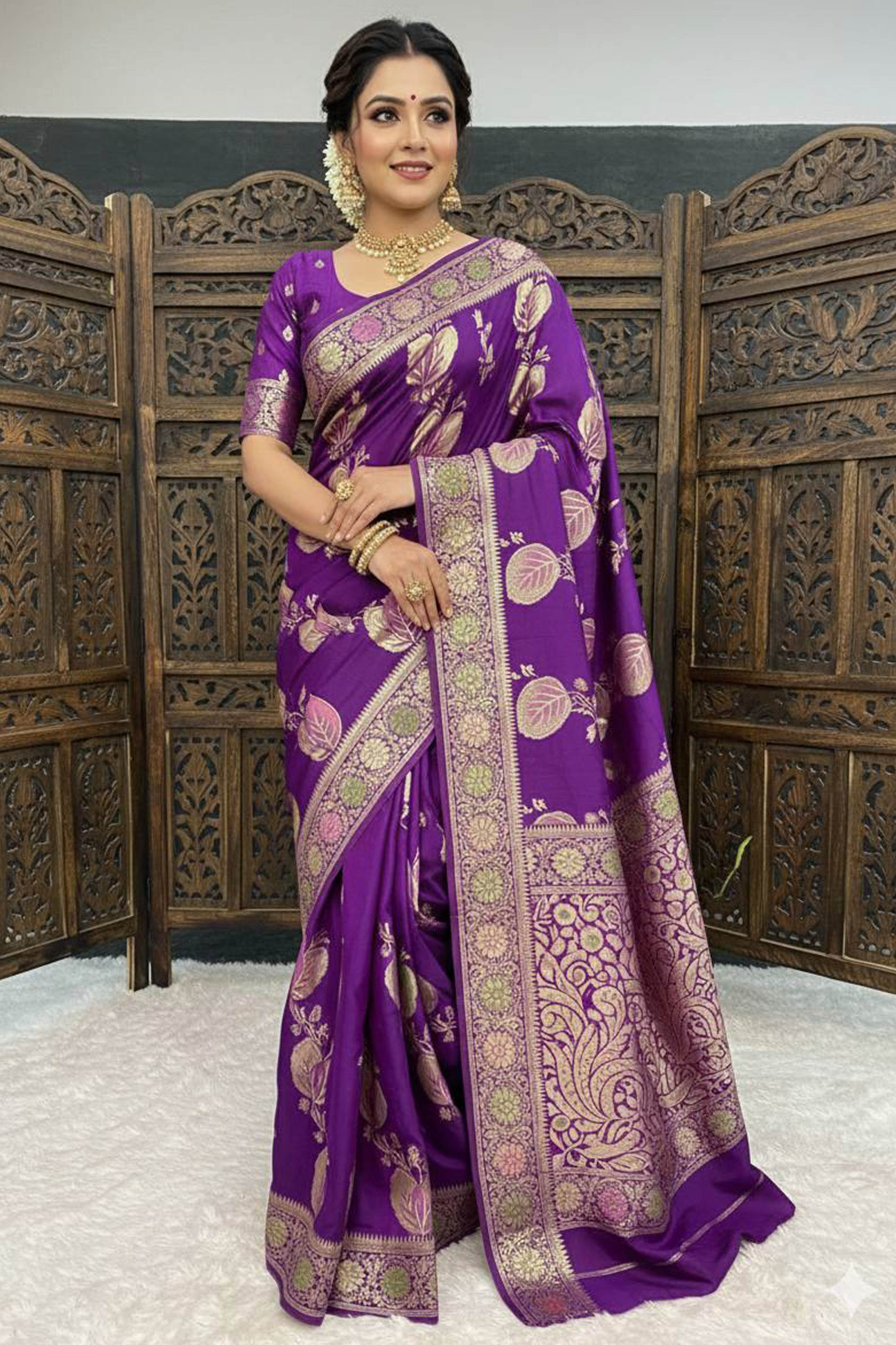 Purple Soft Dola Silk Saree Adorned with Intricate Meenakari-Style Weaving