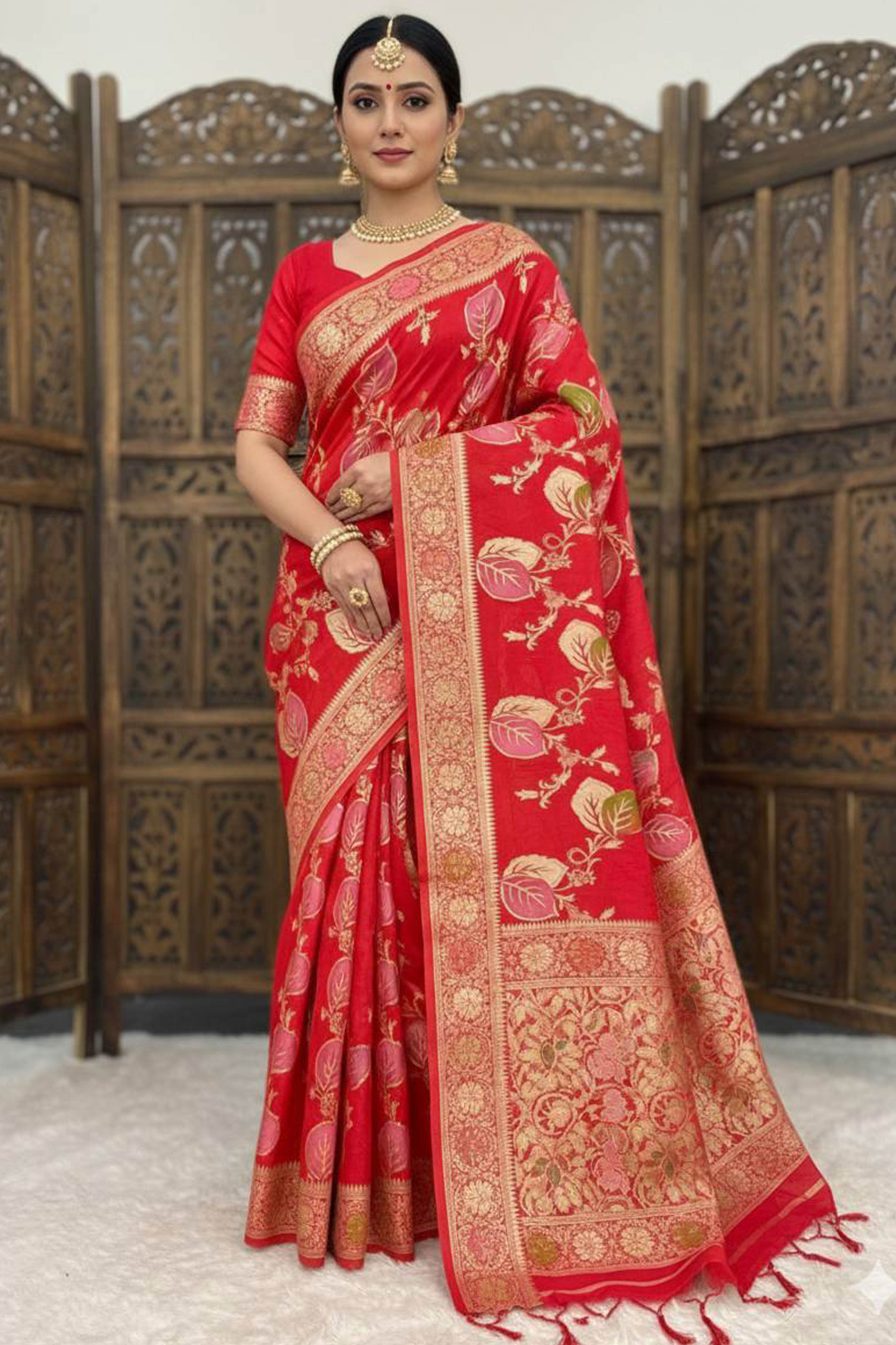 Red Soft Dola Silk Saree Adorned with Intricate Meenakari-Style Weaving