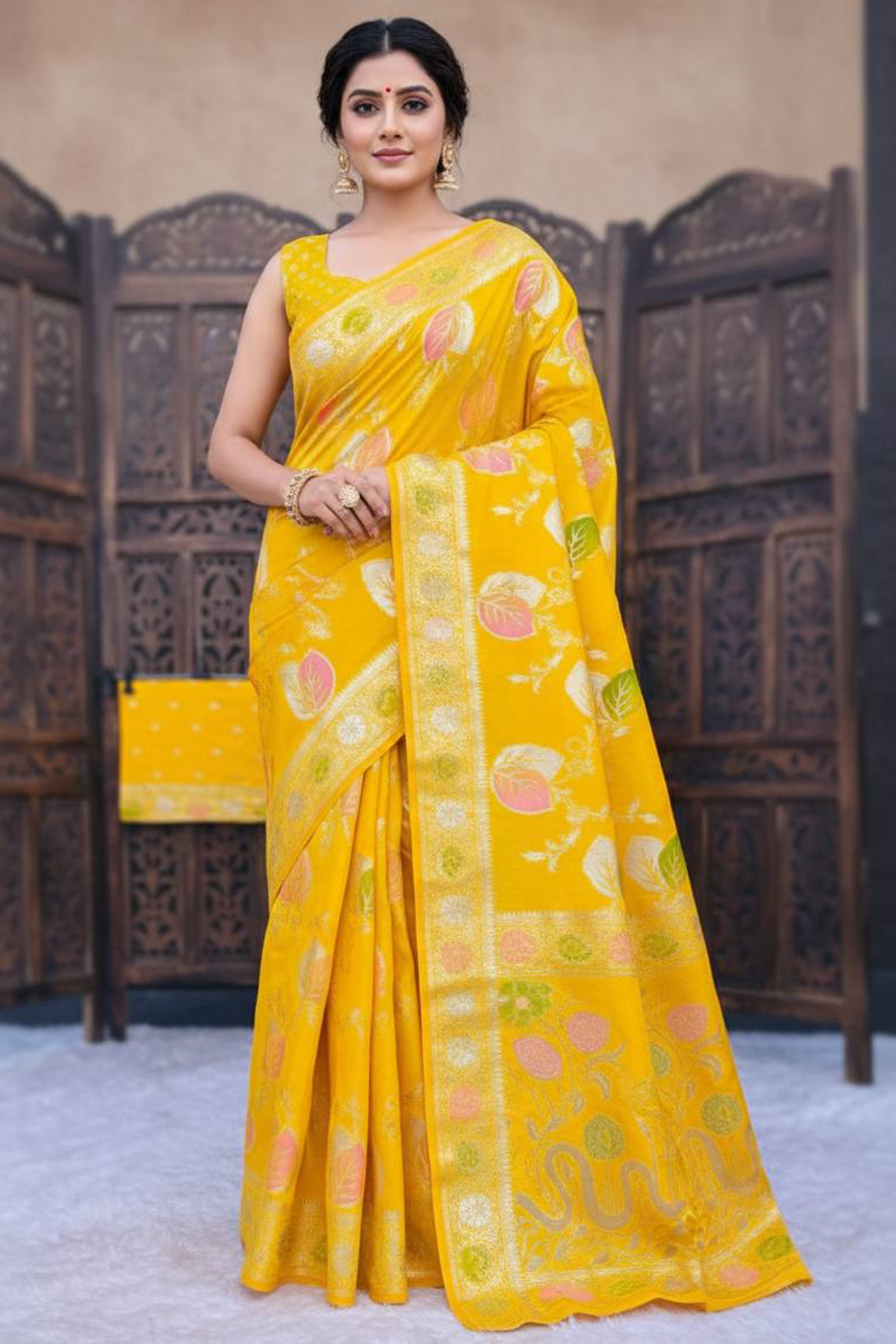 Yellow Soft Dola Silk Saree Adorned with Intricate Meenakari-Style Weaving