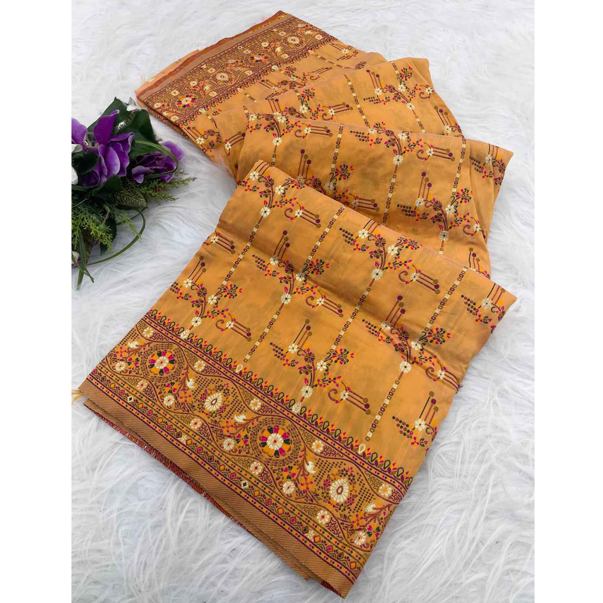 Mustard Pashmina Silk Saree Featuring Rajwadi Traditional Weaving with a Kashmiri Pallu