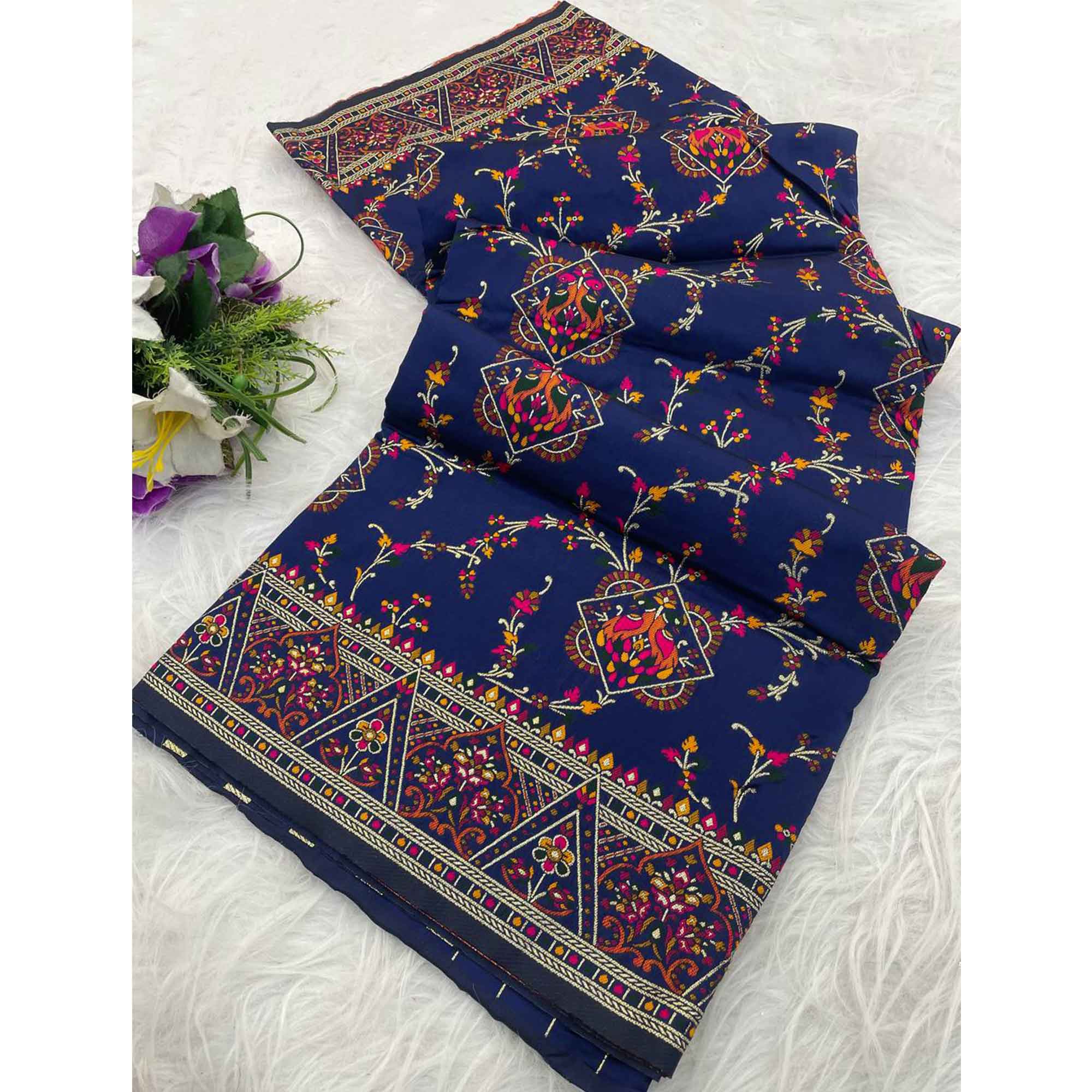 Blue Traditional Rajwadi Weaving Pashmina Silk Saree With Kashmiri Pallu & Elegant Zari Border