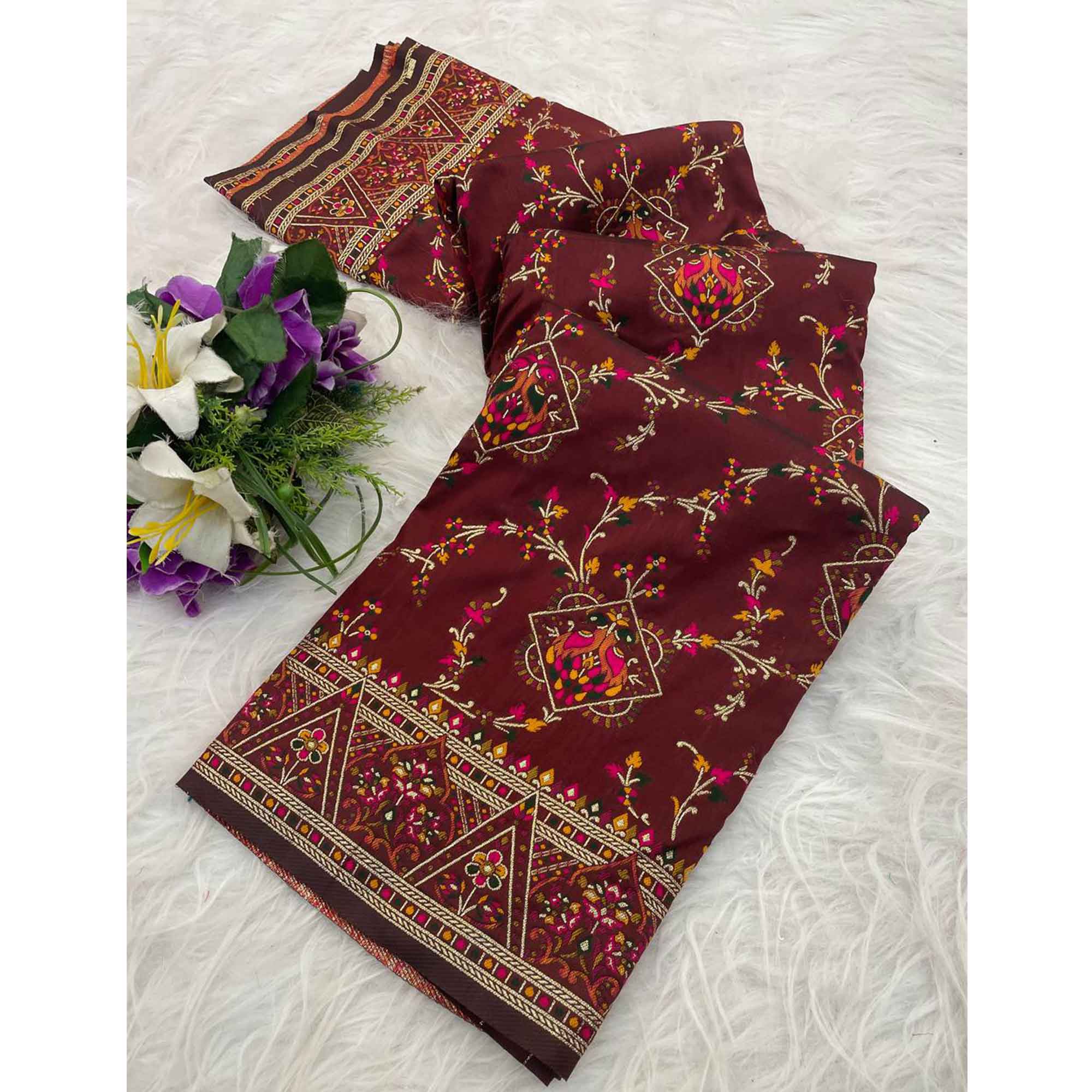 Brown Traditional Rajwadi Weaving Pashmina Silk Saree With Kashmiri Pallu & Elegant Zari Border